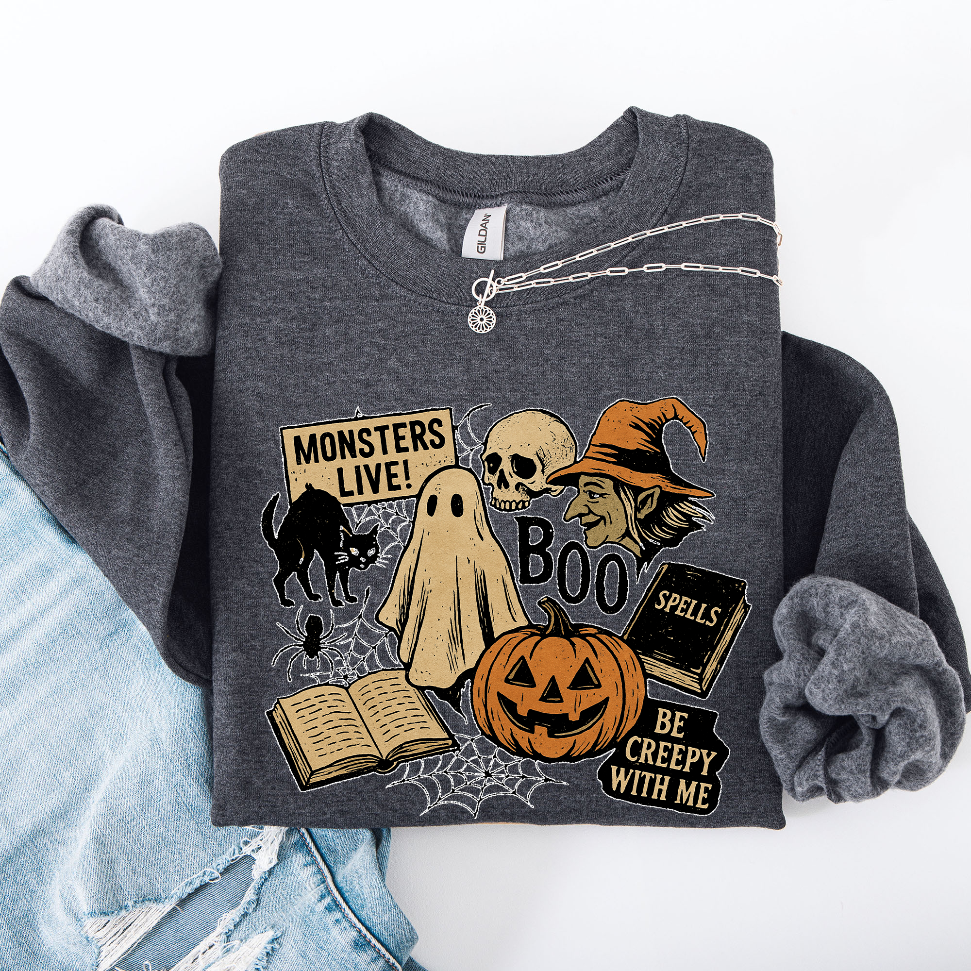 Retro Halloween Monsters Witch Creepy Vintage Nightfall Edition Classic Spooky Motifs And Nostalgic Sweatshirt