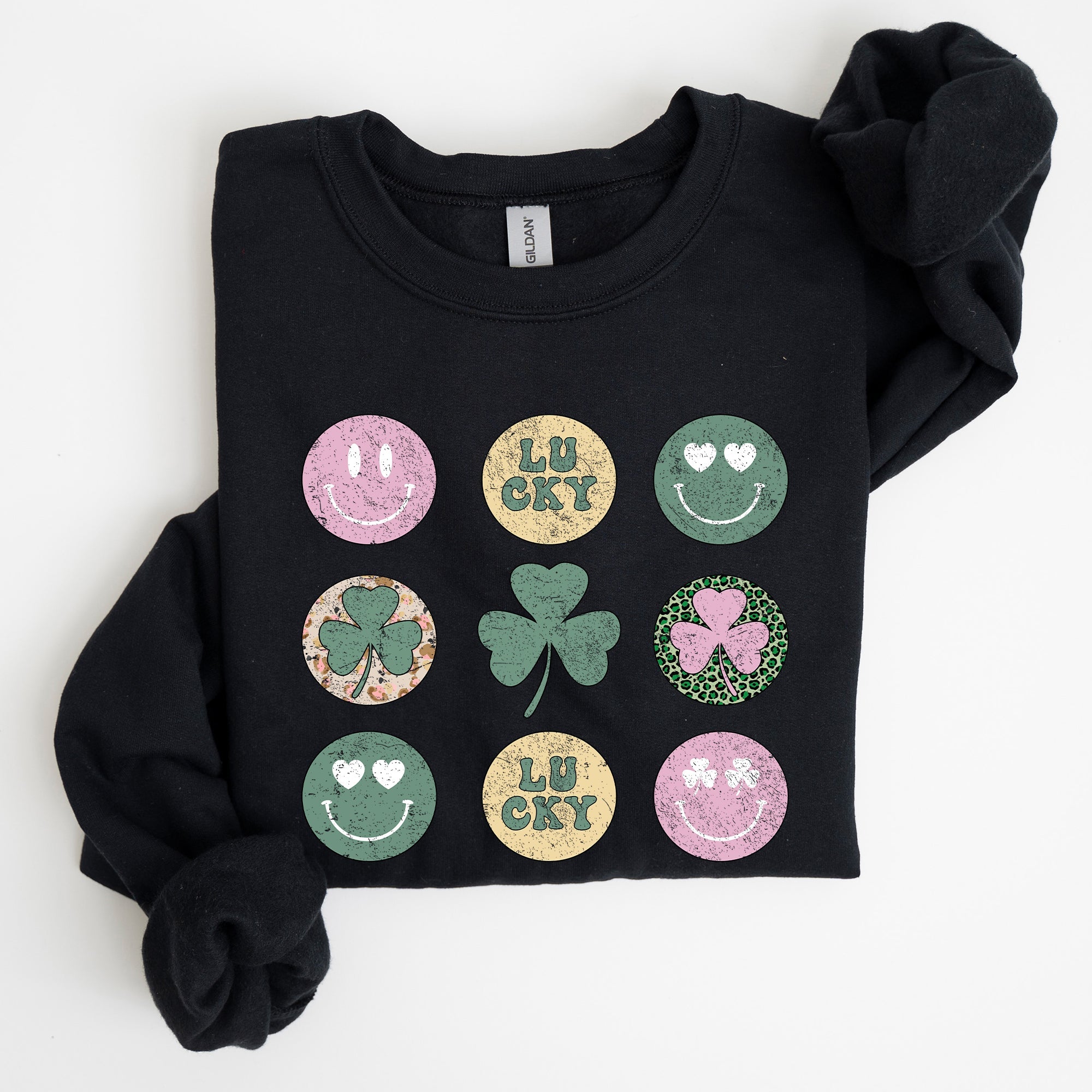 Retro Lucky Smileys St Patrick's Day Edition Festive Graphic Mood Celebration Sweatshirt