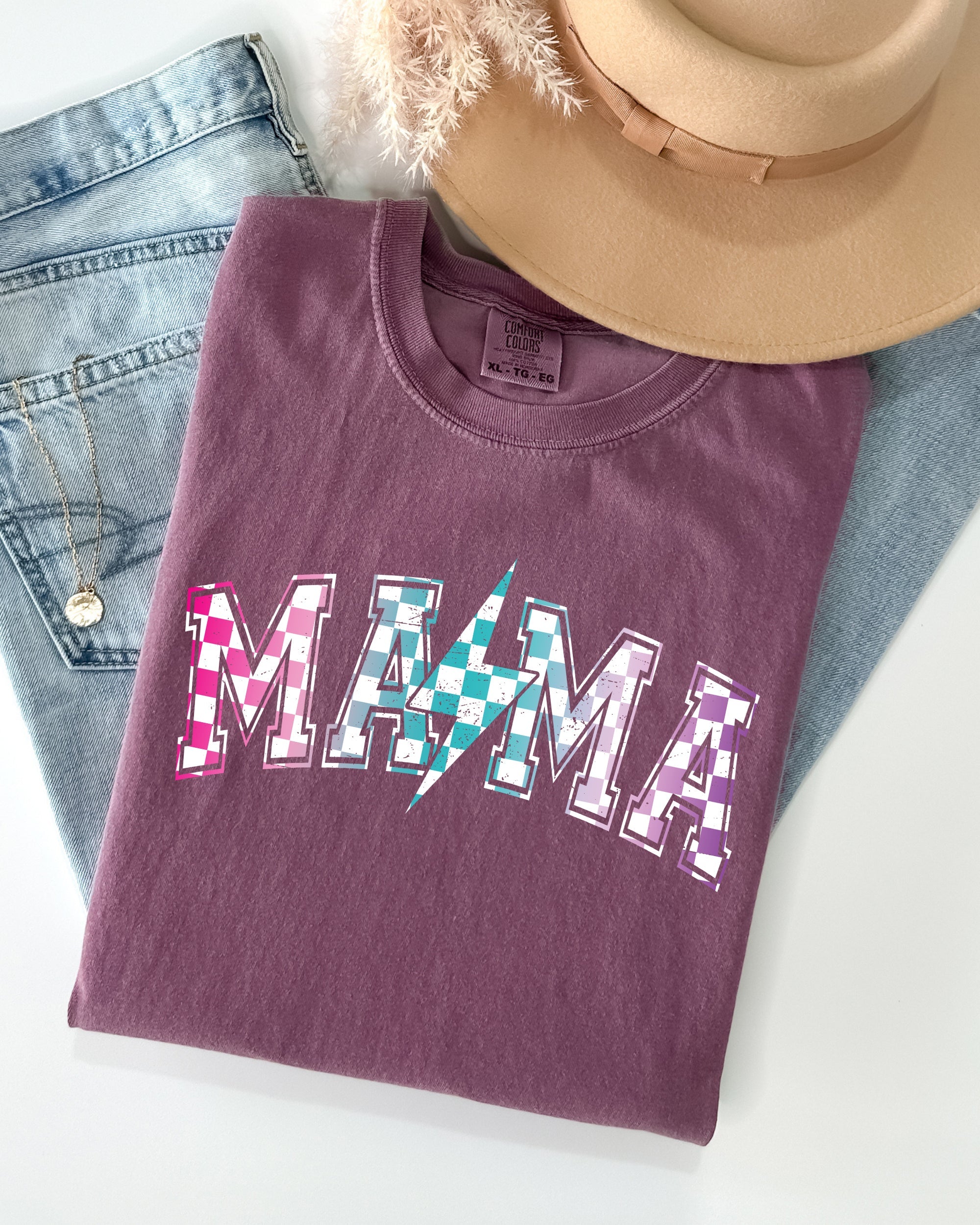 Retro Mama Checkered Lightning Bolt Colorful Mom Vintage Inspired Comfort Colors Tee