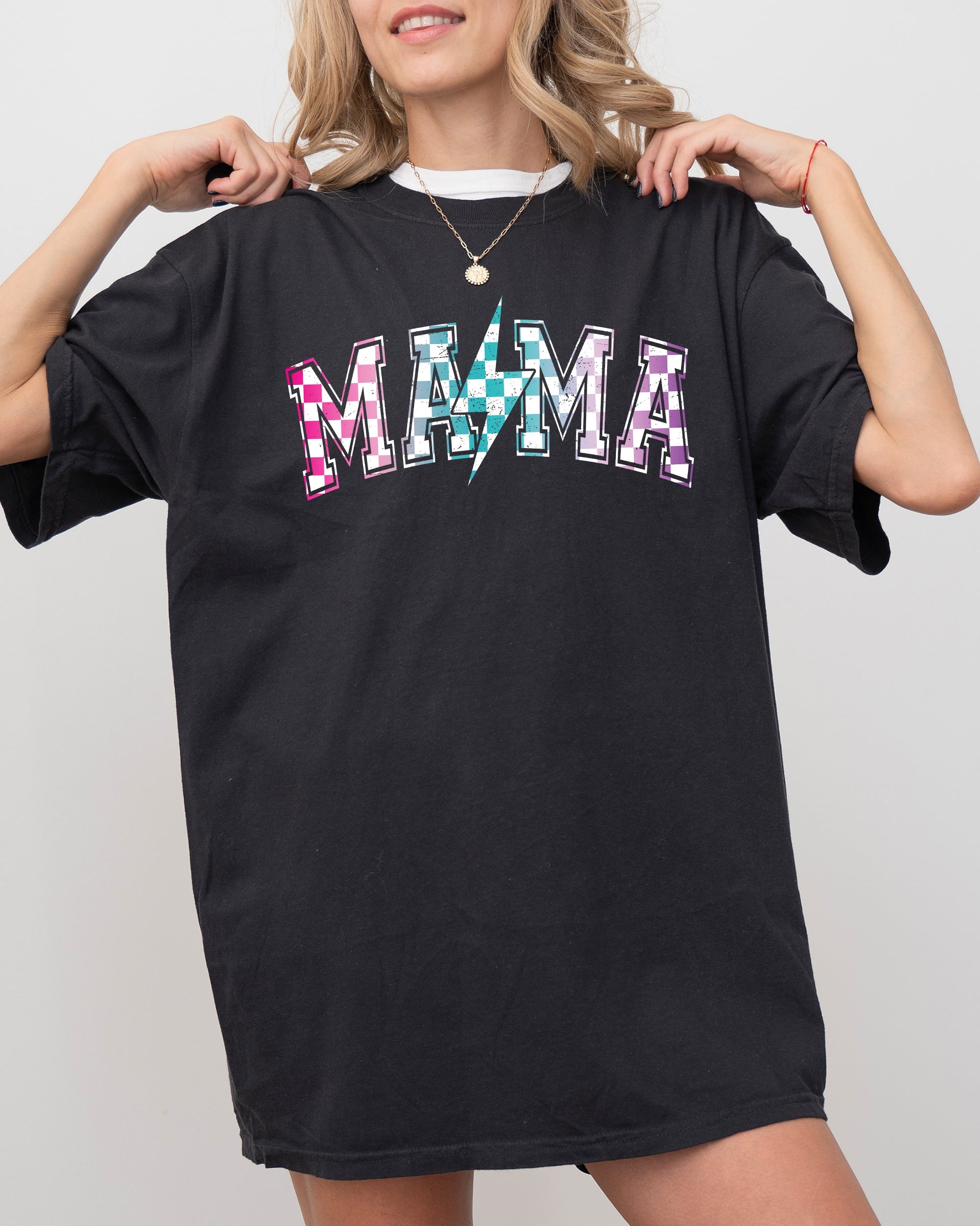 Retro Mama Checkered Lightning Bolt Colorful Mom Vintage Inspired Comfort Colors Tee