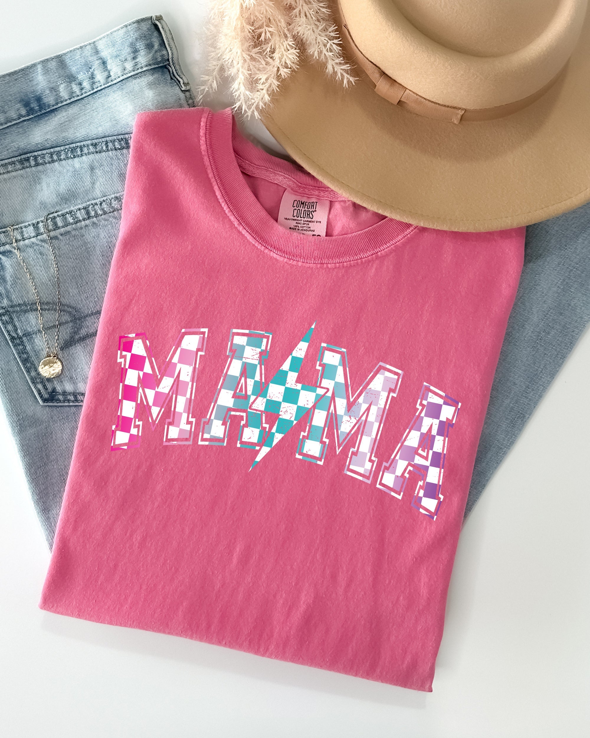Retro Mama Checkered Lightning Bolt Colorful Mom Vintage Inspired Comfort Colors Tee
