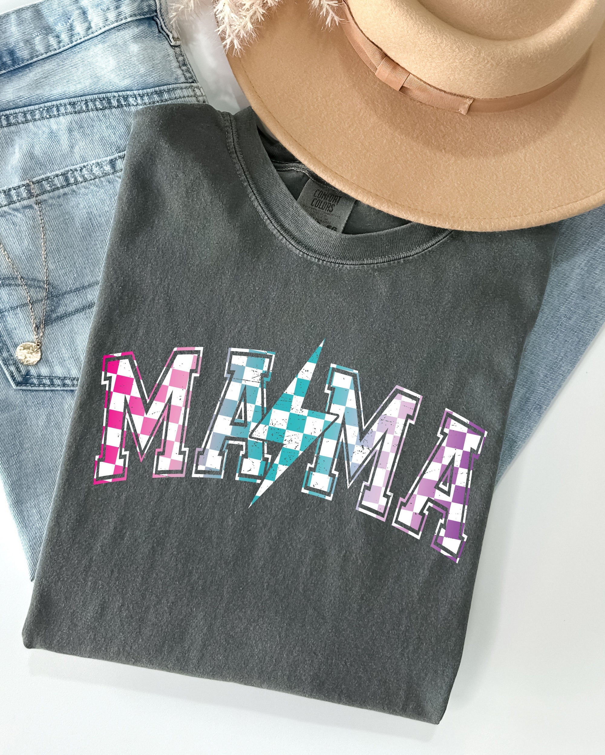 Retro Mama Checkered Lightning Bolt Colorful Mom Vintage Inspired Comfort Colors Tee