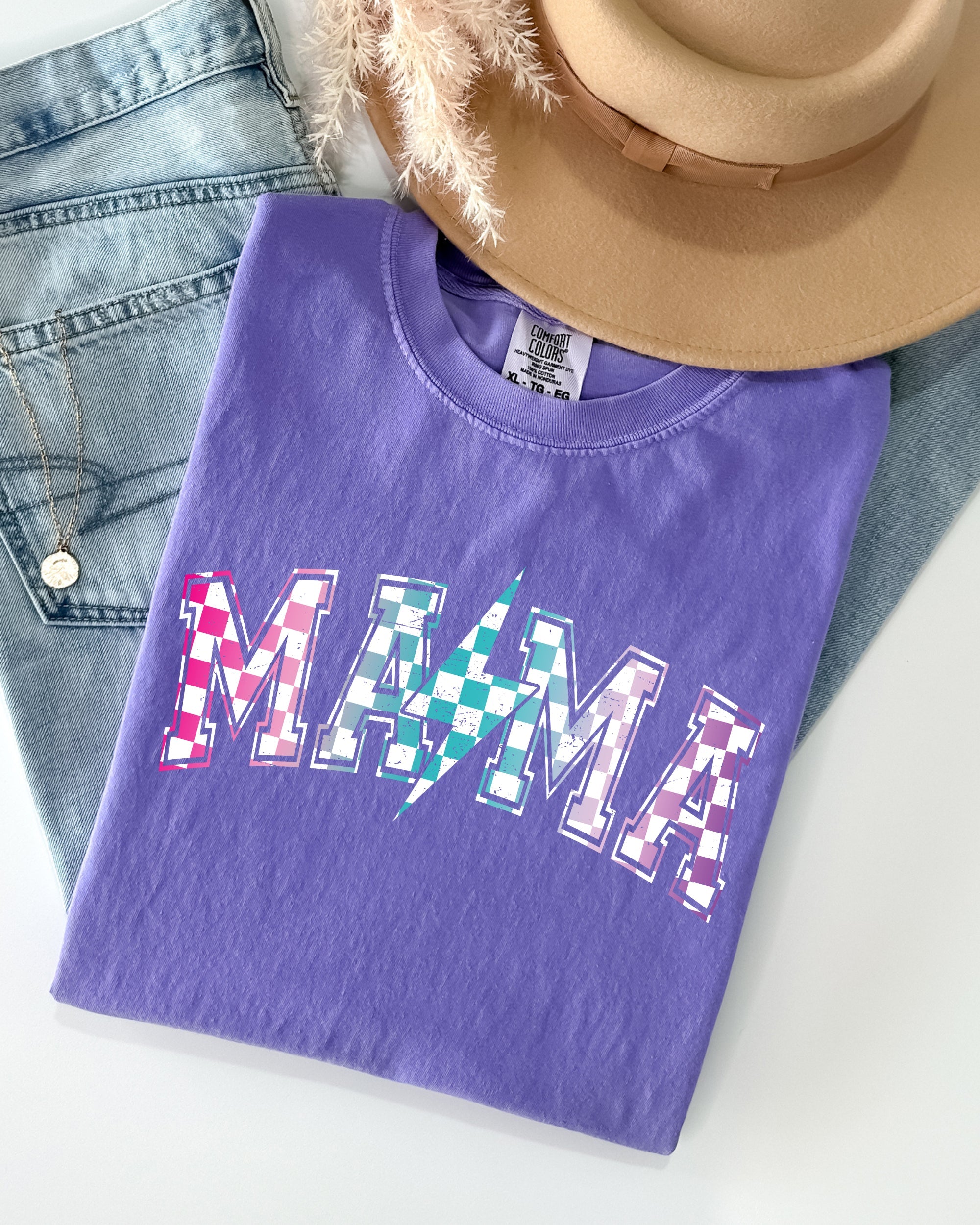 Retro Mama Checkered Lightning Bolt Colorful Mom Vintage Inspired Comfort Colors Tee