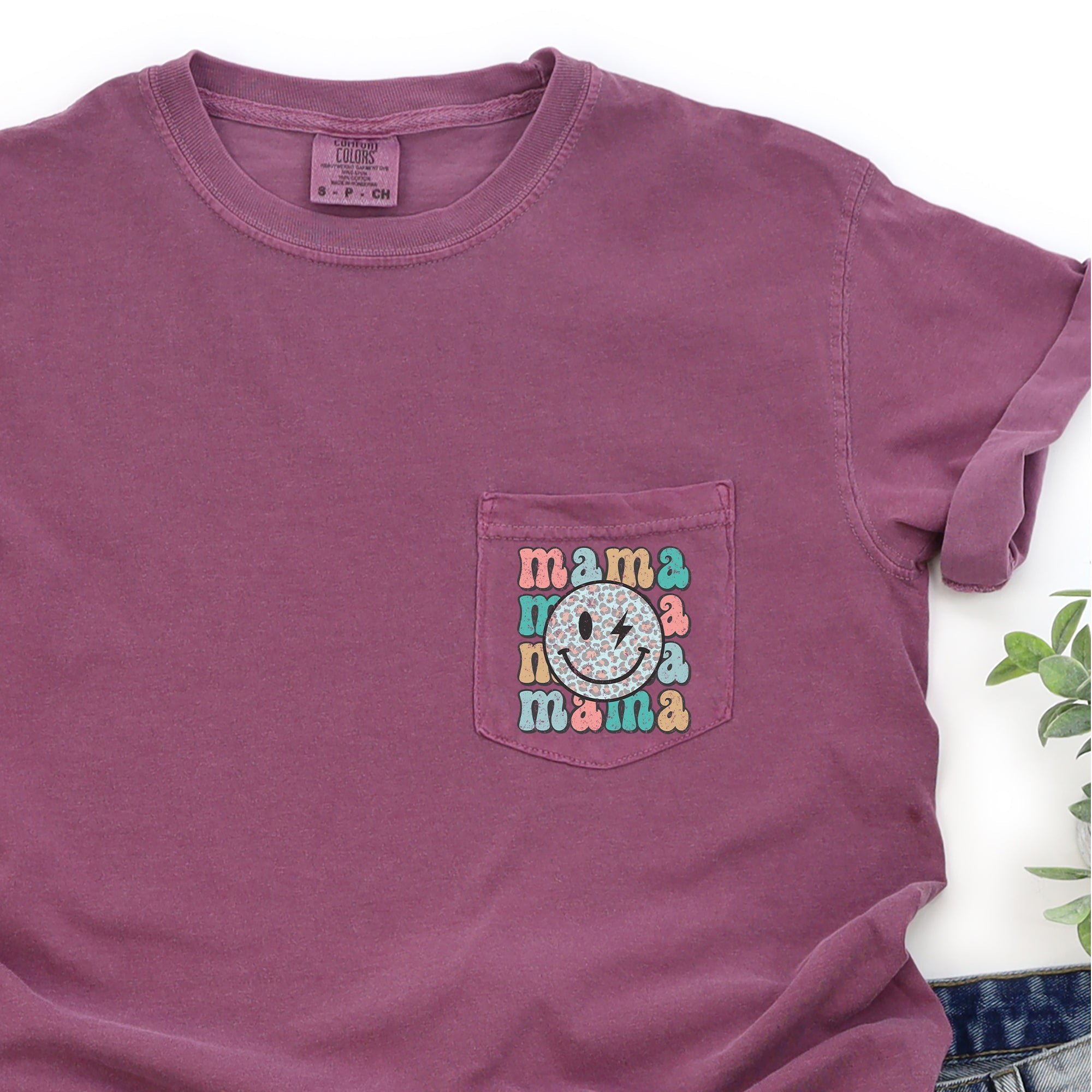 Retro Mama Smiley Face Leopard Print Pocket Tee With Vintage Vibe And Playful Attitude Comfort Colors Tee