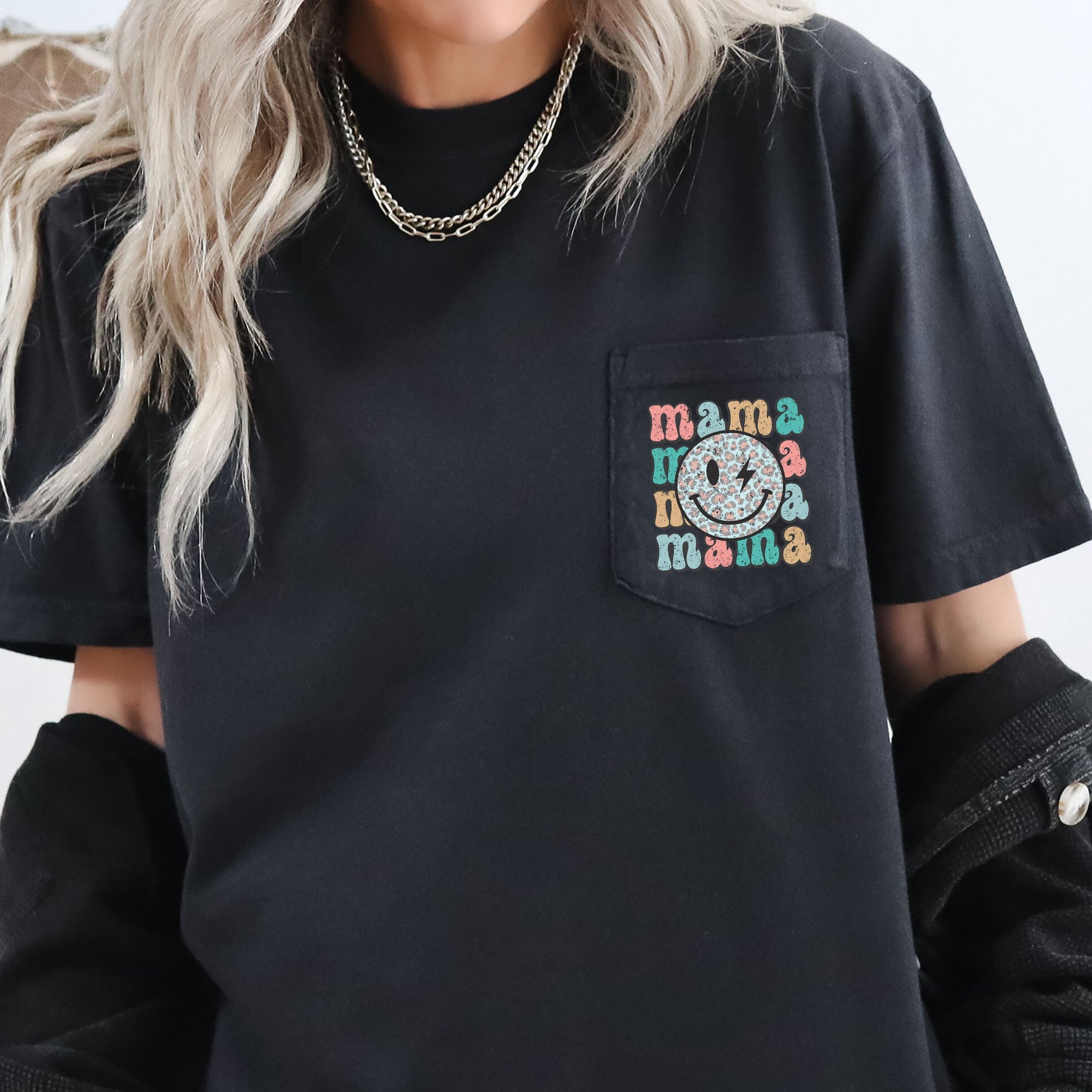 Retro Mama Smiley Face Leopard Print Pocket Tee With Vintage Vibe And Playful Attitude Comfort Colors Tee