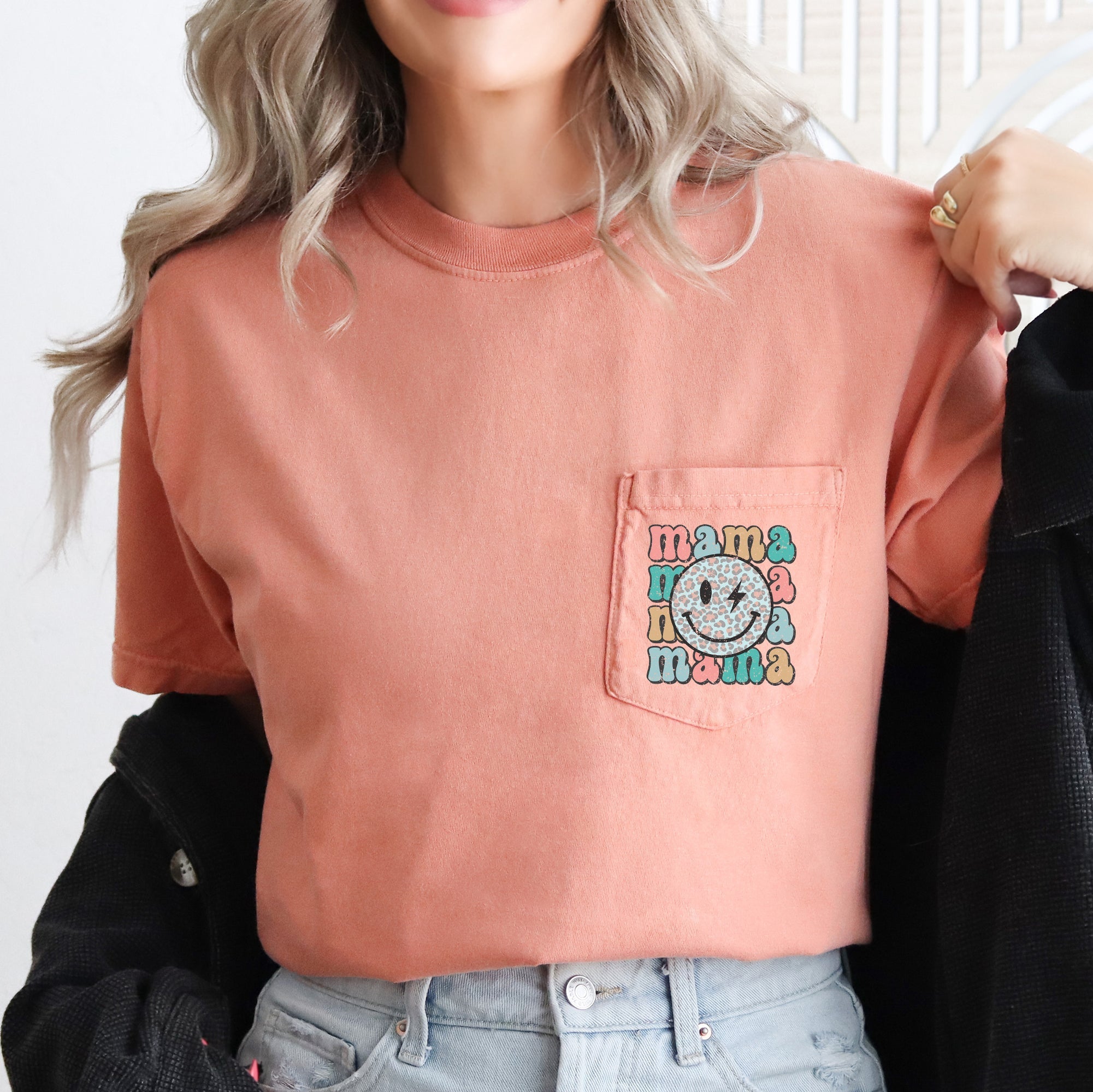 Retro Mama Smiley Face Leopard Print Pocket Tee With Vintage Vibe And Playful Attitude Comfort Colors Tee