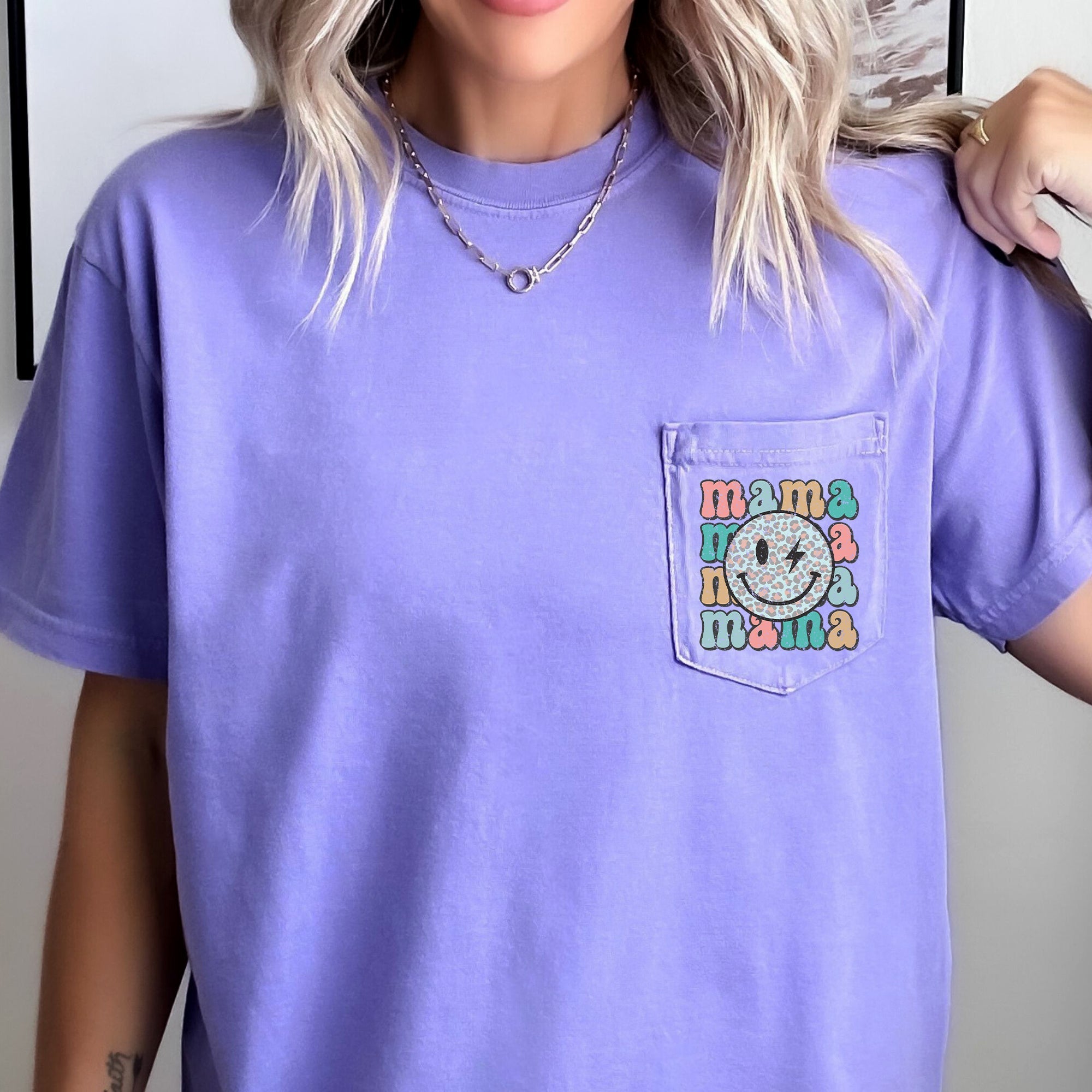 Retro Mama Smiley Face Leopard Print Pocket Tee With Vintage Vibe And Playful Attitude Comfort Colors Tee