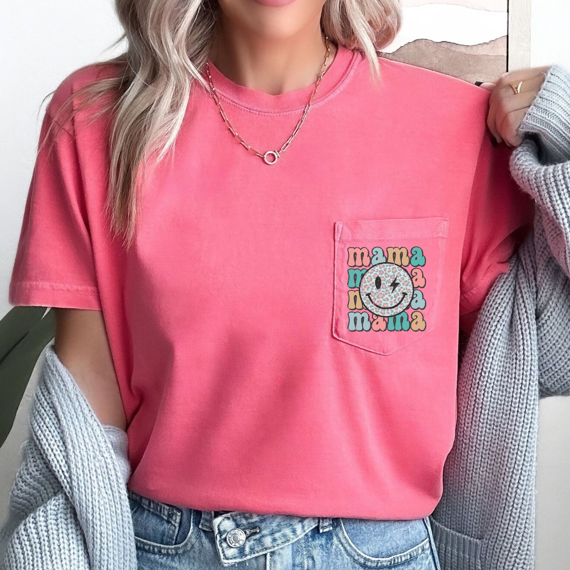 Retro Mama Smiley Face Leopard Print Pocket Tee With Vintage Vibe And Playful Attitude Comfort Colors Tee