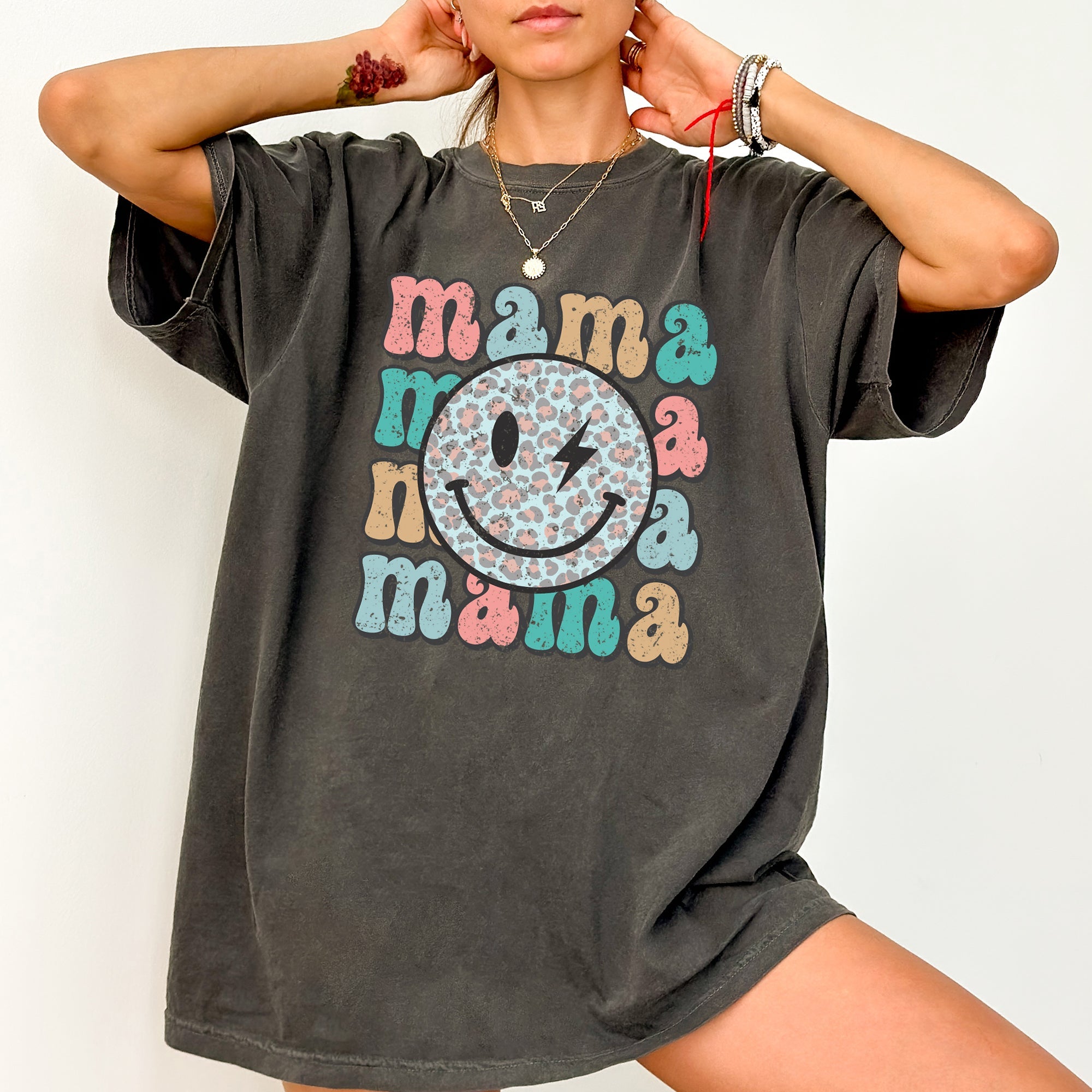 Retro Mama Smiley Leopard Print Mother's Day Mom Graphic Edition Comfort Colors Tee