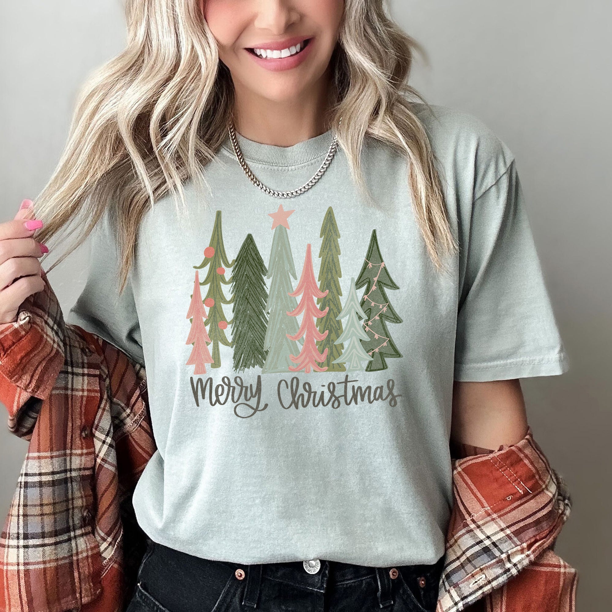 Retro Merry Christmas Trees Pastels Star Holiday Edition Vintage Illustration Comfort Colors Tee