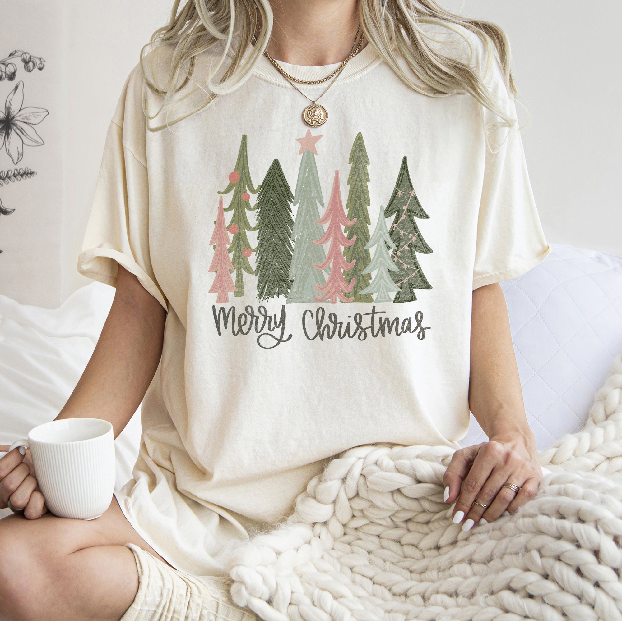 Retro Merry Christmas Trees Pastels Star Holiday Edition Vintage Illustration Comfort Colors Tee