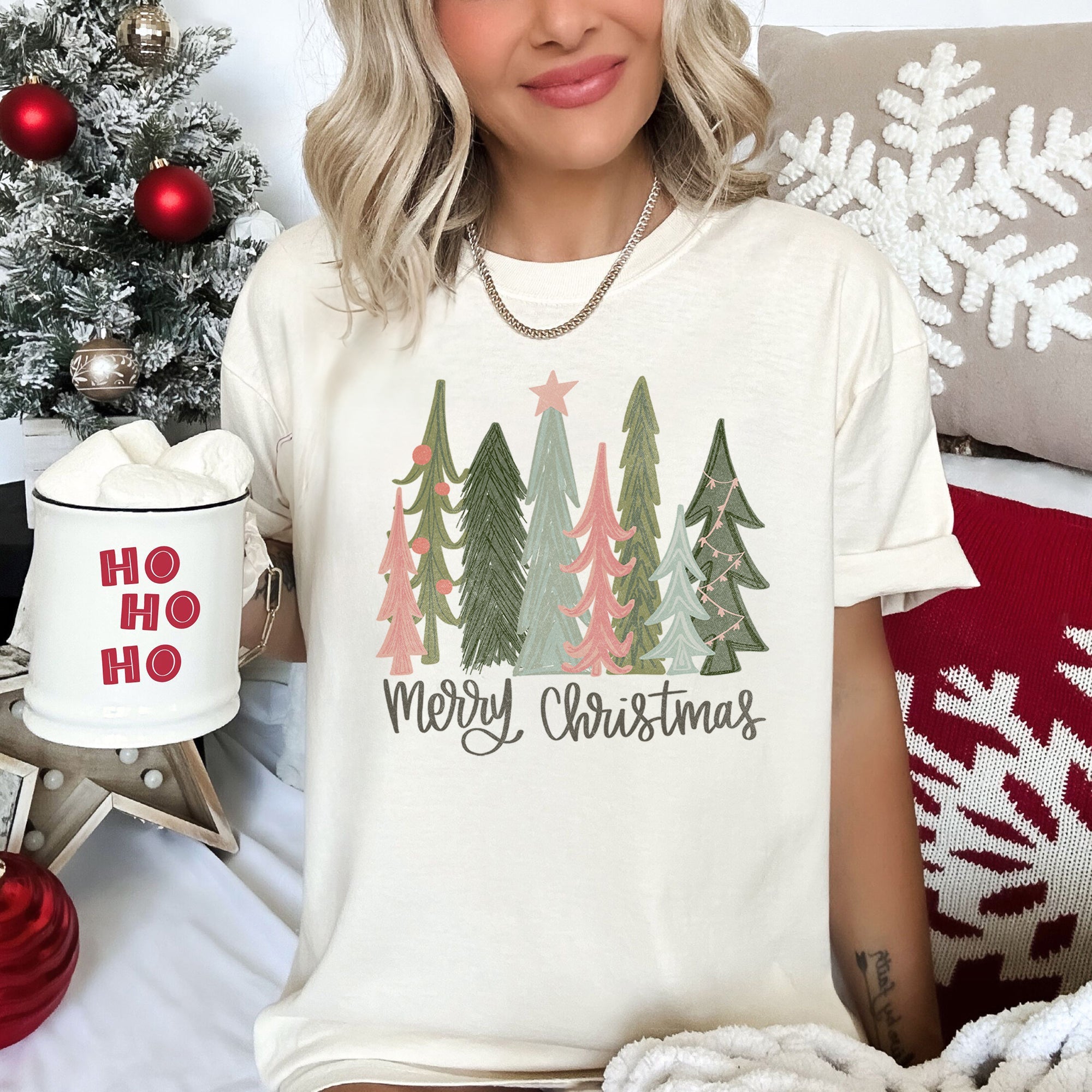 Retro Merry Christmas Trees Pastels Star Holiday Edition Vintage Illustration Comfort Colors Tee