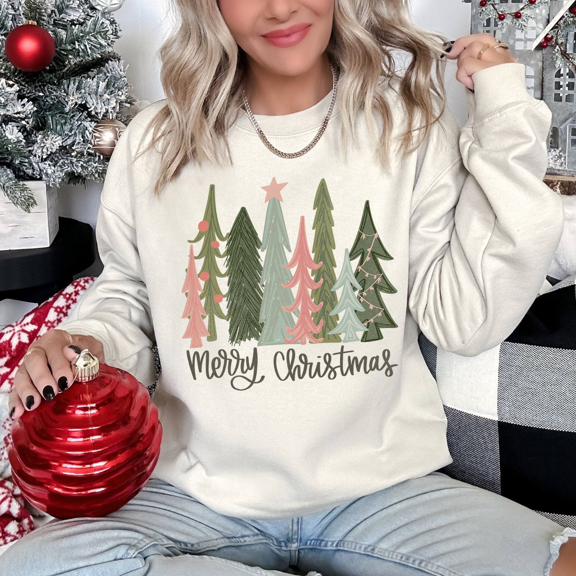 Retro Merry Christmas Trees Vintage Winter Holiday Charm Festive Cozy Graphic Sweatshirt