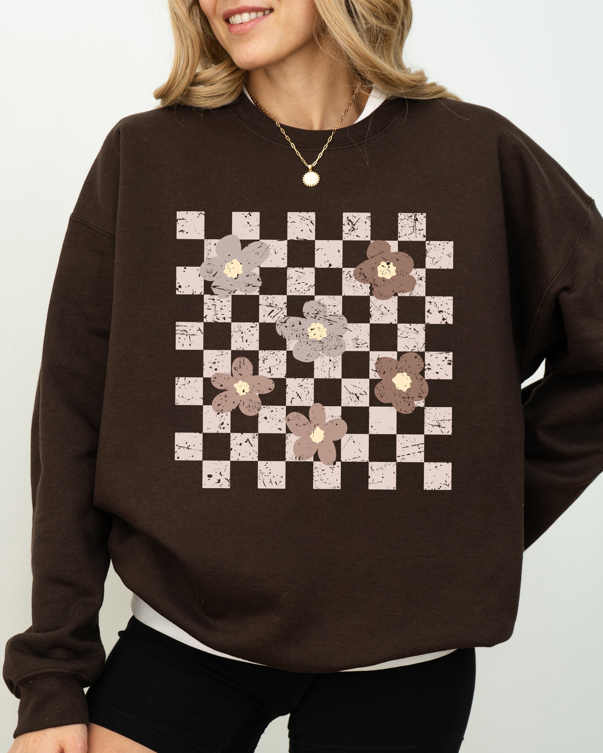 Retro Minimalist Flowers Checkered Vintage Floral Daisies Patterned Print Sweatshirt