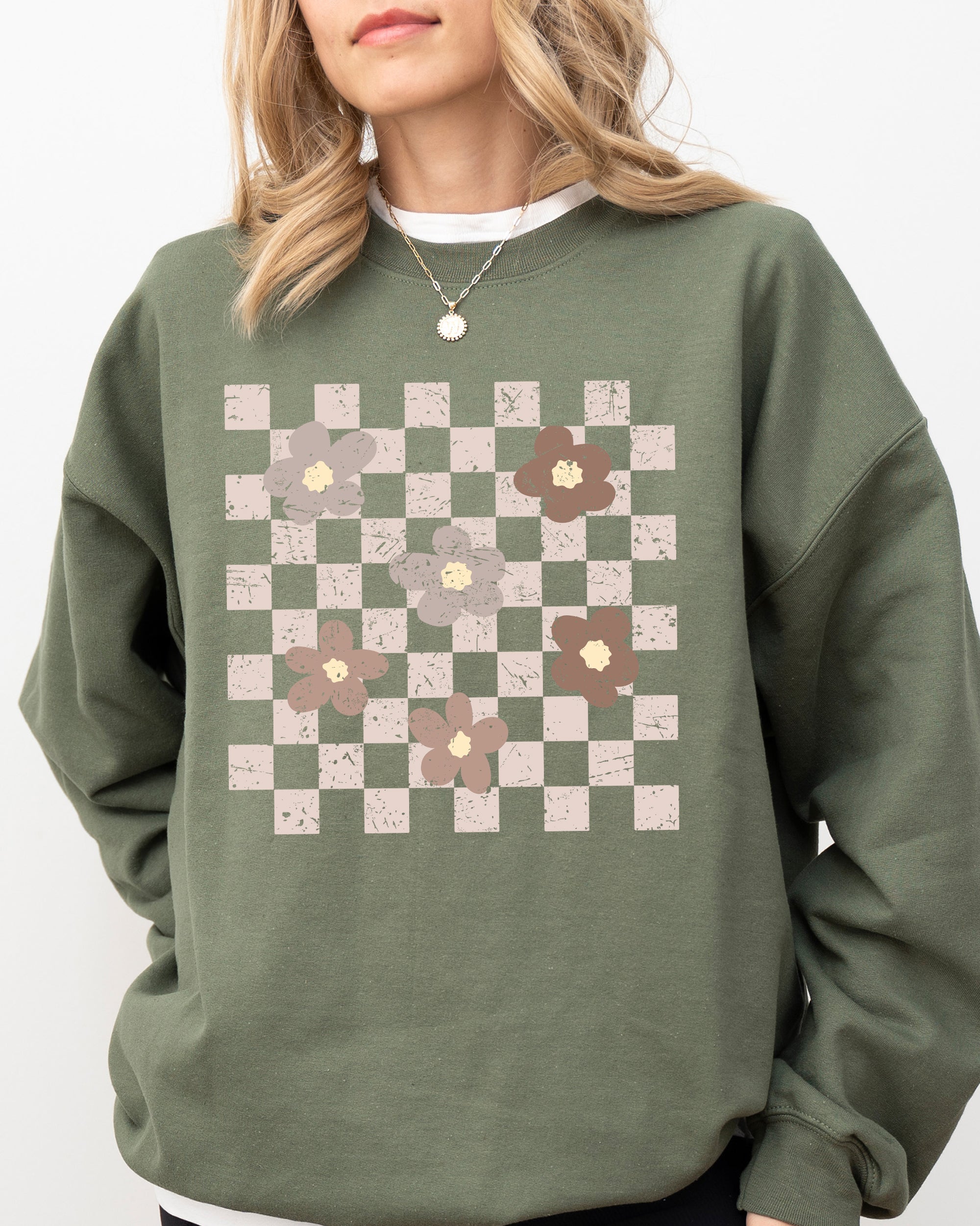 Retro Minimalist Flowers Checkered Vintage Floral Daisies Patterned Print Sweatshirt