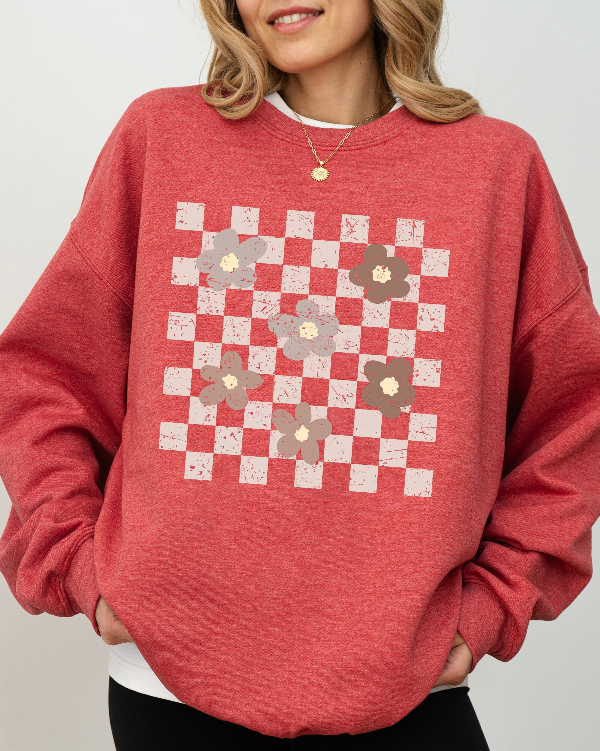 Retro Minimalist Flowers Checkered Vintage Floral Daisies Patterned Print Sweatshirt