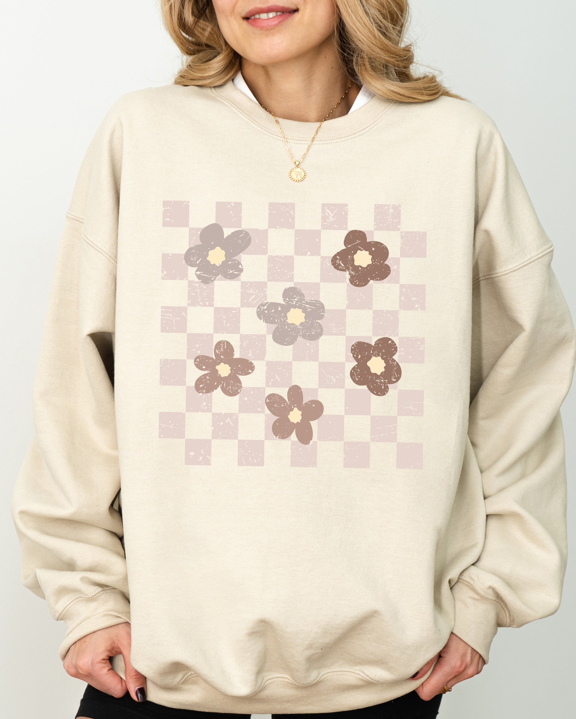 Retro Minimalist Flowers Checkered Vintage Floral Daisies Patterned Print Sweatshirt