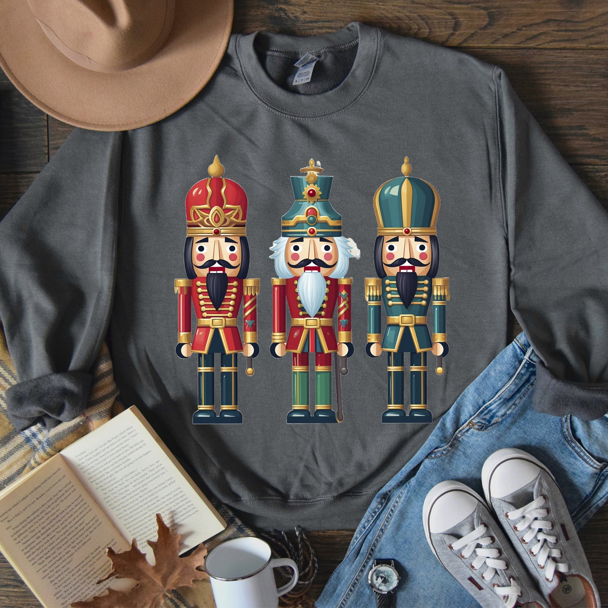 Retro Nutcrackers Classic Colorful Christmas Sweatshirt Cozy Cotton Polyester Blend Warm Fleece Lined