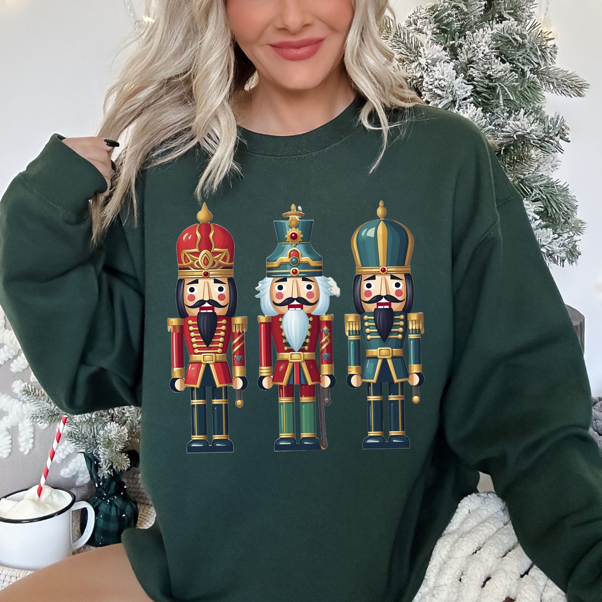 Retro Nutcrackers Classic Colorful Christmas Sweatshirt Cozy Cotton Polyester Blend Warm Fleece Lined