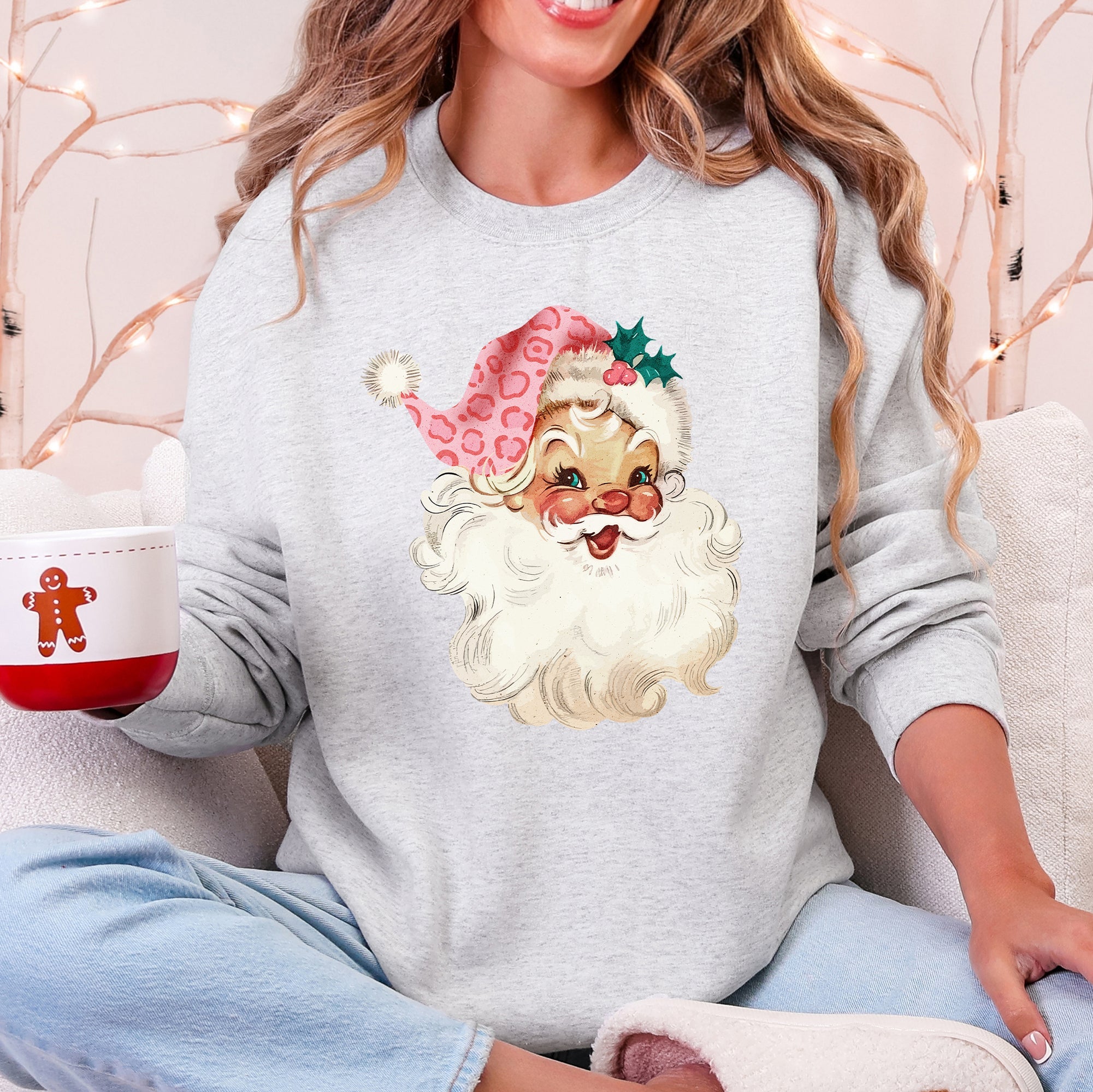Retro Pink Santa Leopard Cheetah Print Christmas Holiday Graphic Cozy Fleece Jolly Season Sweatshirt