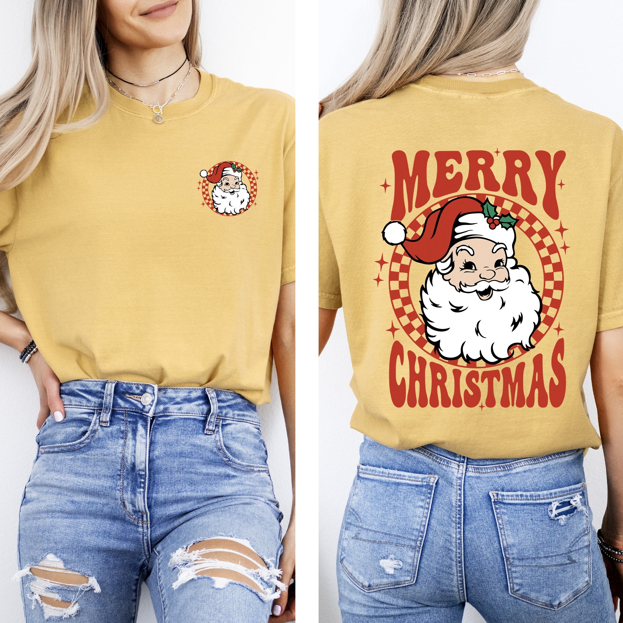 Retro Santa Checkered Front And Back Vintage Snowy Winter Christmas Xmas Merry Comfort Colors Tee