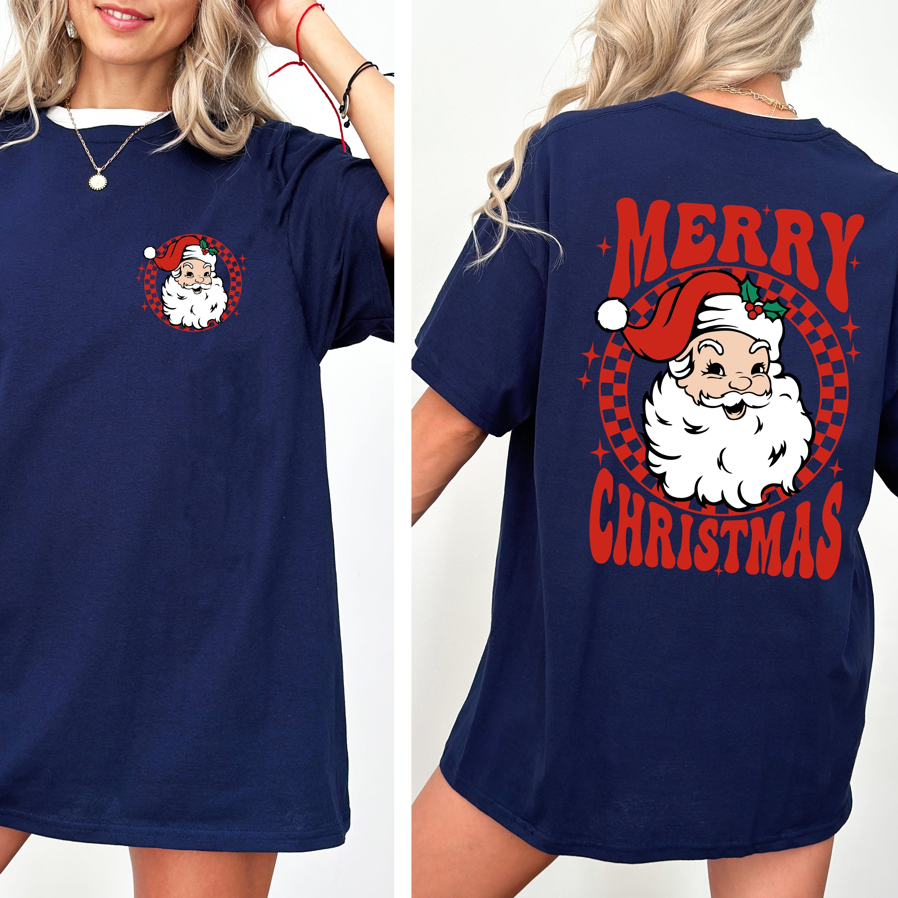 Retro Santa Checkered Front And Back Vintage Snowy Winter Christmas Xmas Merry Comfort Colors Tee