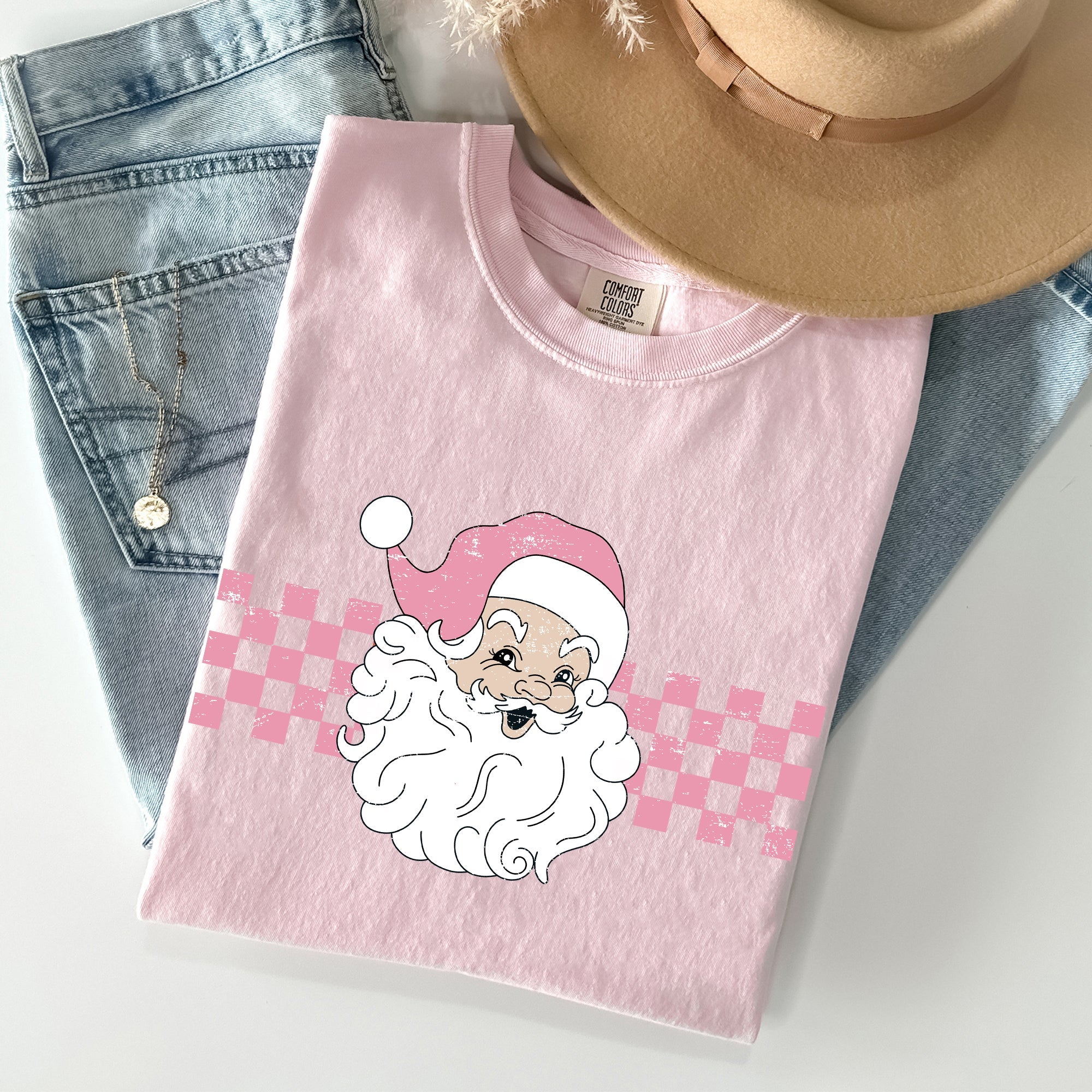 Retro Santa Checkered Christmas Winter Snow Xmas Vintage Holiday Scene Print Comfort Colors Tee