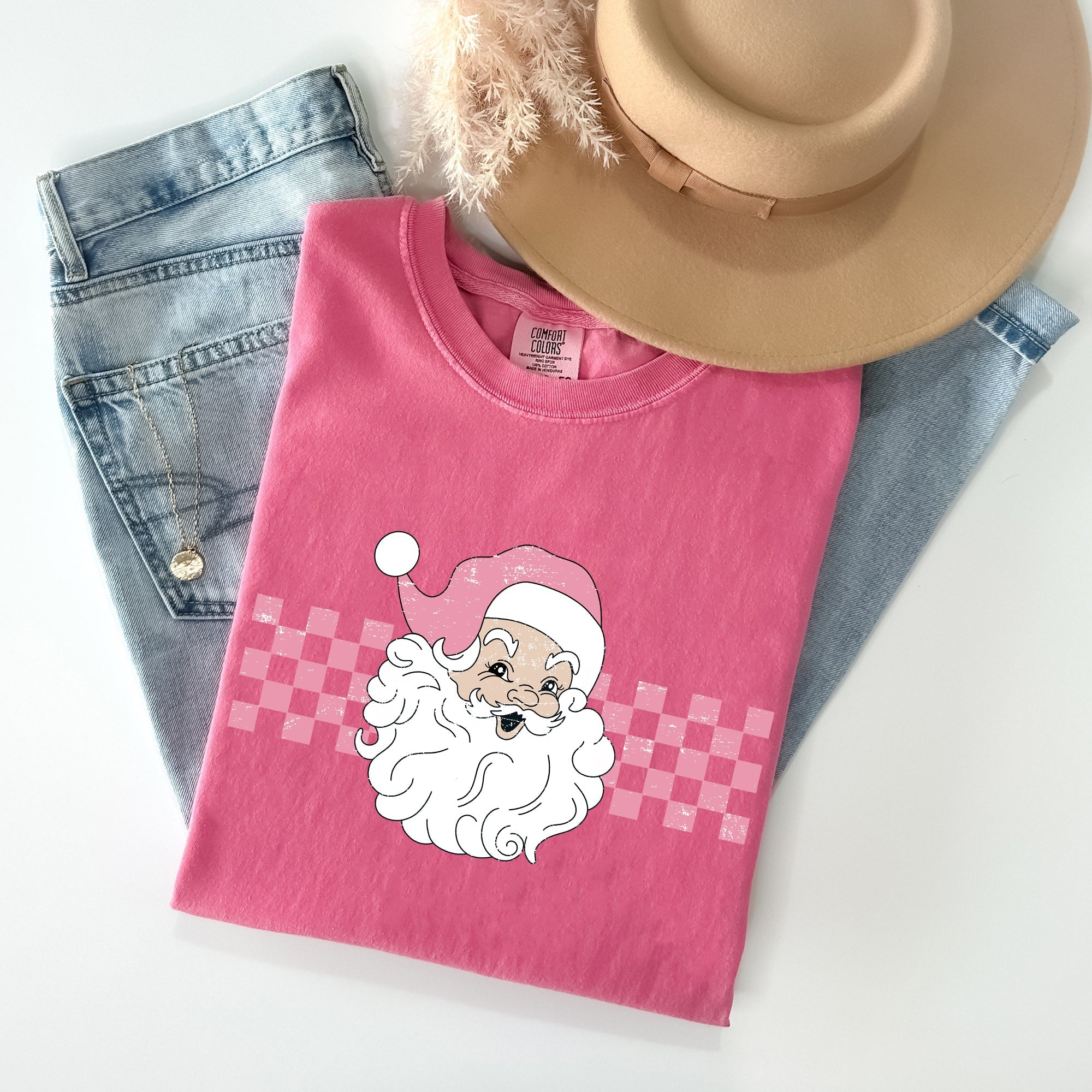 Retro Santa Checkered Christmas Winter Snow Xmas Vintage Holiday Scene Print Comfort Colors Tee