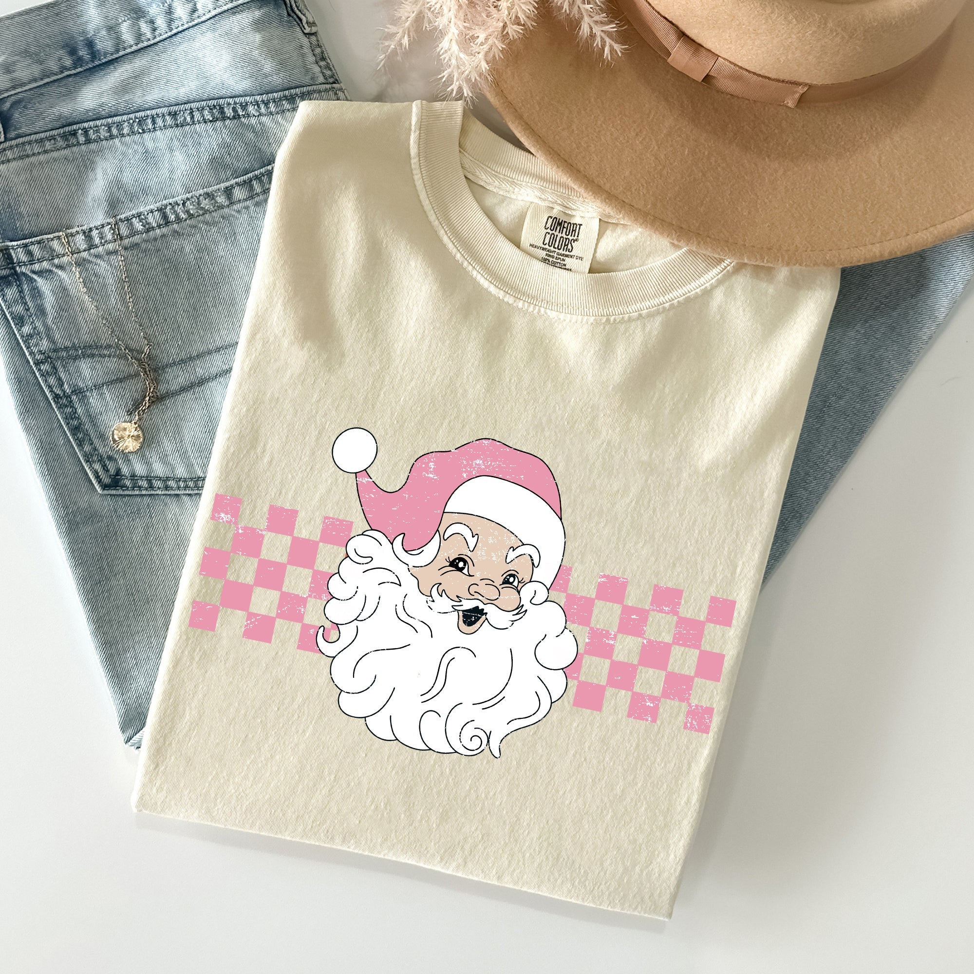 Retro Santa Checkered Christmas Winter Snow Xmas Vintage Holiday Scene Print Comfort Colors Tee