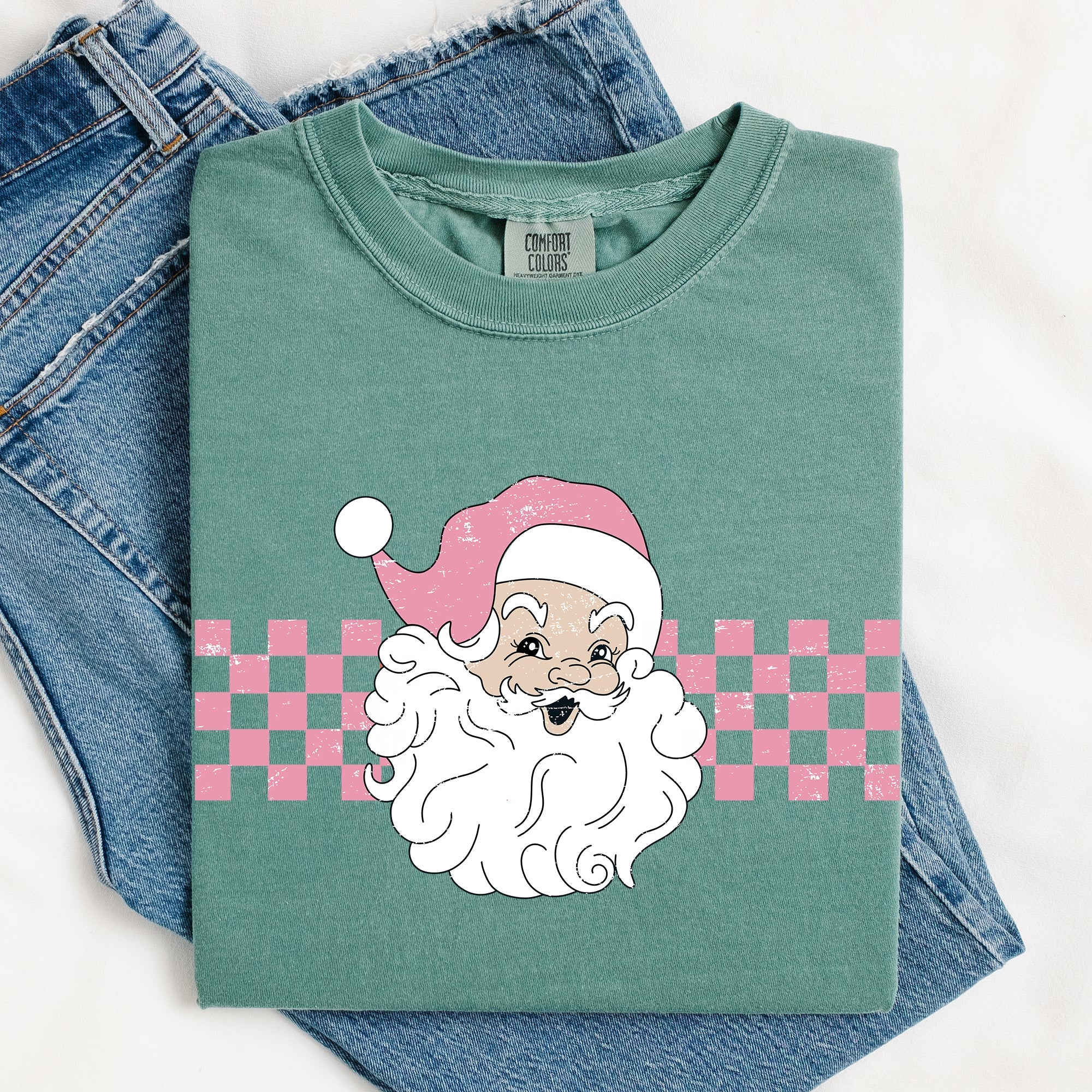 Retro Santa Checkered Christmas Winter Snow Xmas Vintage Holiday Scene Print Comfort Colors Tee