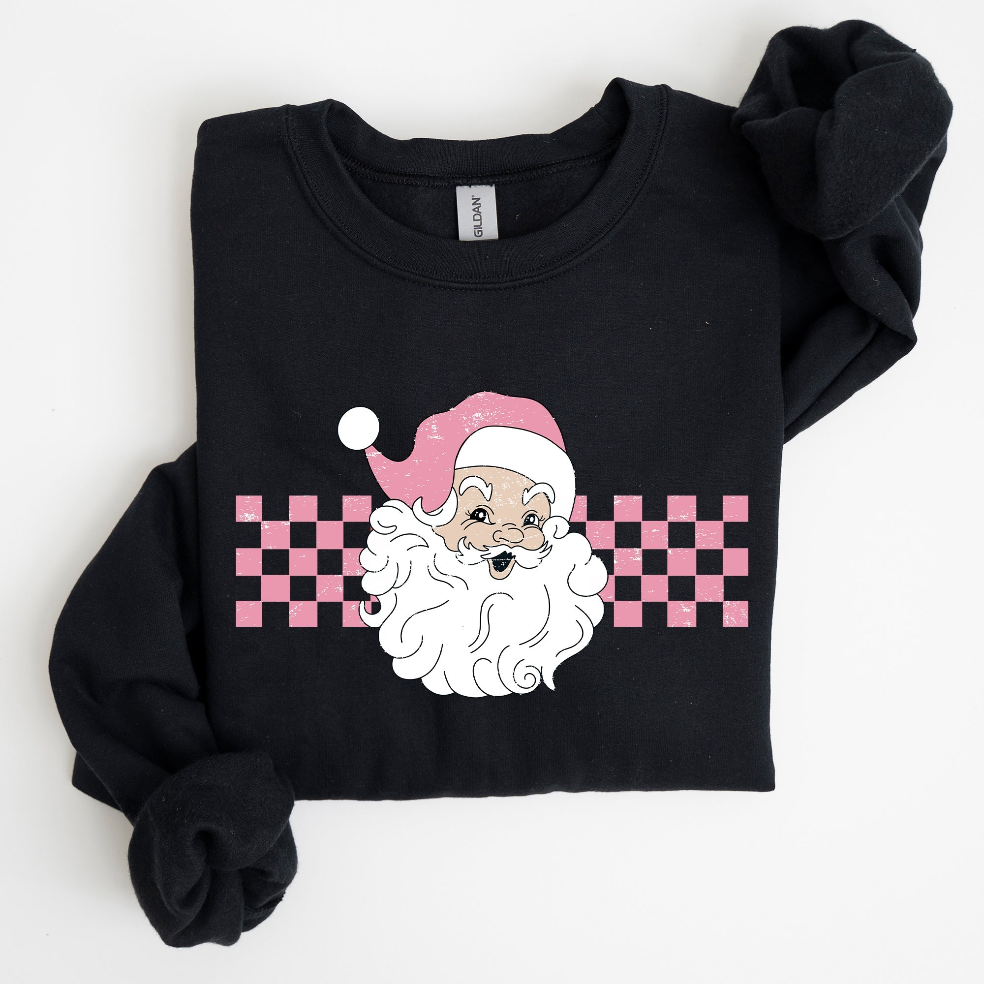 Retro Santa Checkered Pink Christmas Winter Snow Xmas Vintage Holiday Joyful Sweatshirt