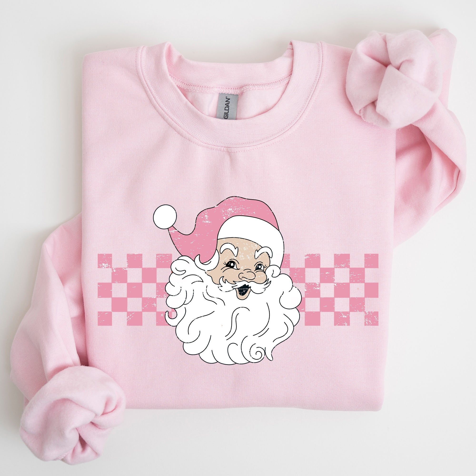 Retro Santa Checkered Pink Christmas Winter Snow Xmas Vintage Holiday Joyful Sweatshirt
