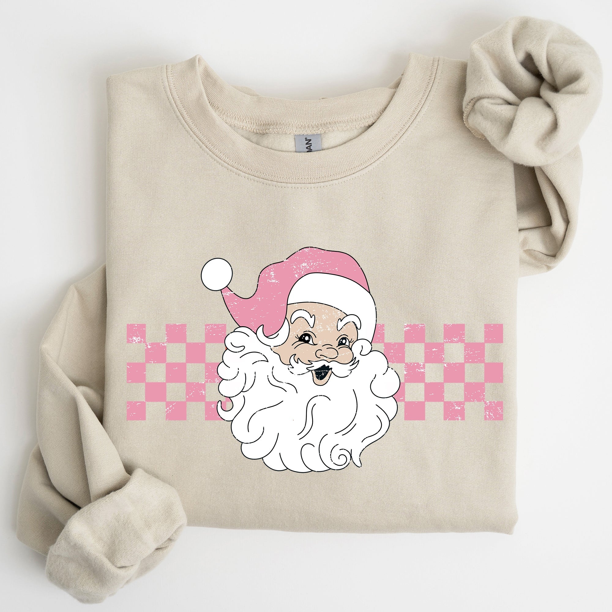 Retro Santa Checkered Pink Christmas Winter Snow Xmas Vintage Holiday Joyful Sweatshirt