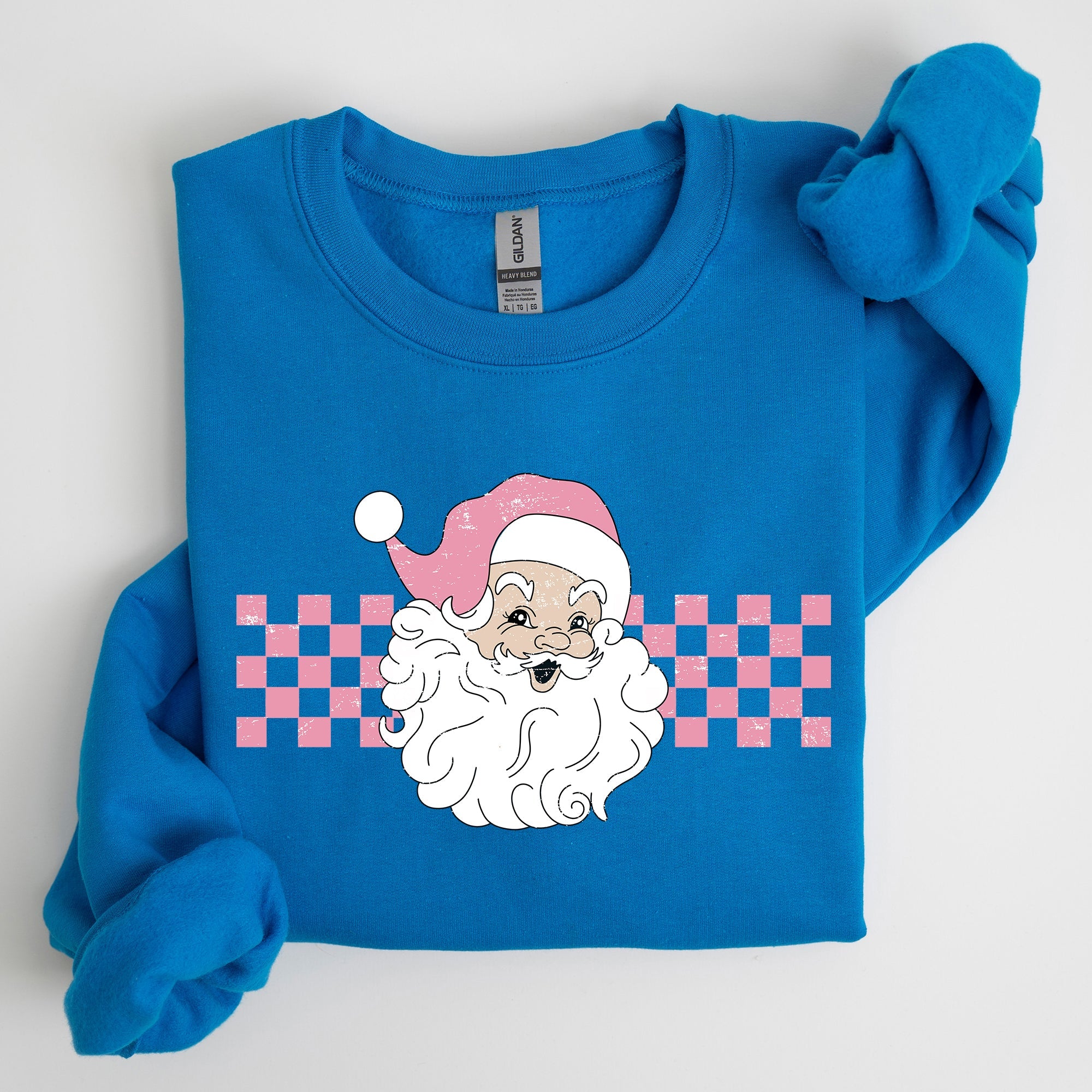 Retro Santa Checkered Pink Christmas Winter Snow Xmas Vintage Holiday Joyful Sweatshirt