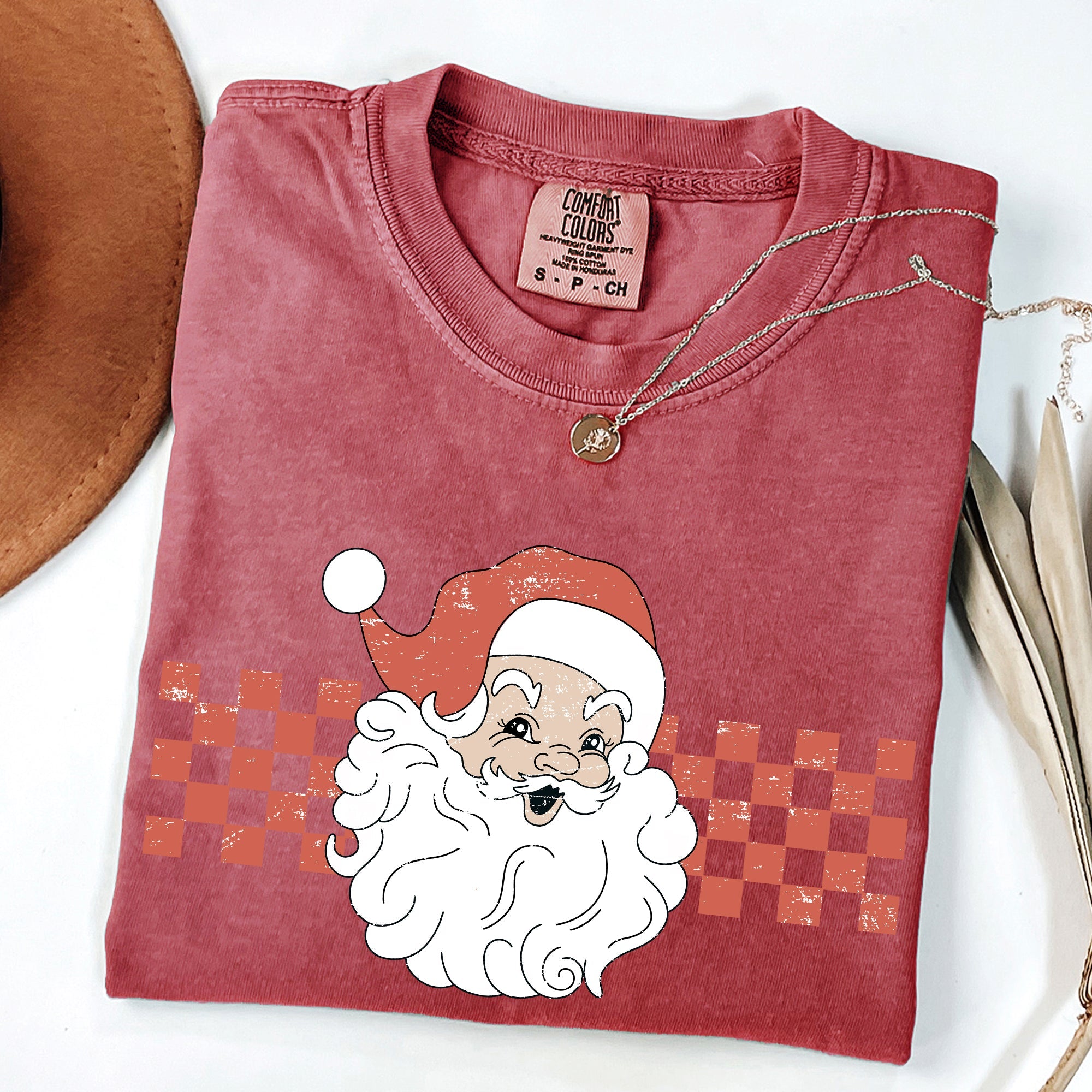 Retro Santa Checkered Christmas Winter Snow Holiday Red Vintage Classic Comfort Colors Tee