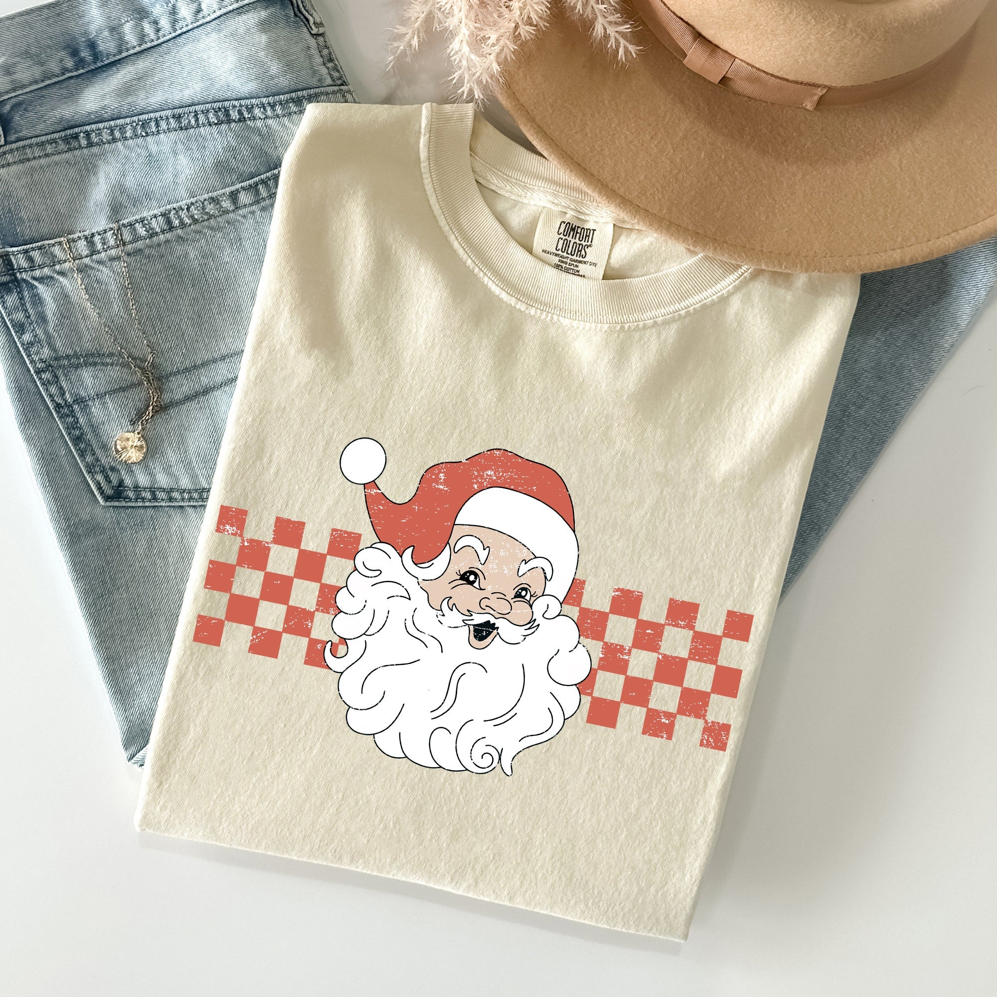 Retro Santa Checkered Christmas Winter Snow Holiday Red Vintage Classic Comfort Colors Tee