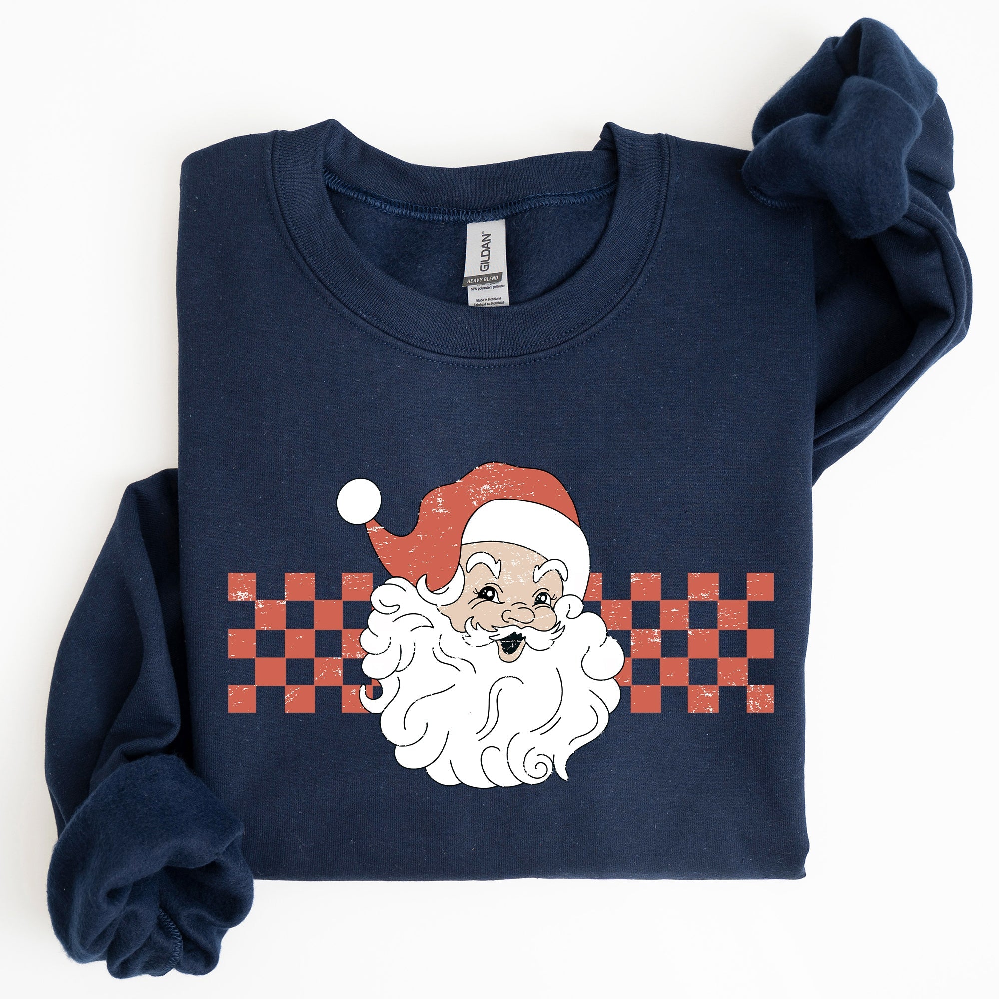 Retro Santa Checkered Christmas Pattern Vintage Santa Claus Artwork For Winter Cozy Sweatshirt
