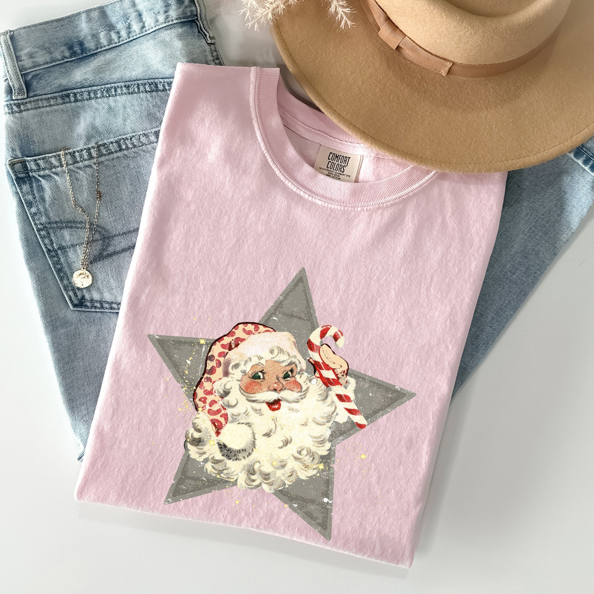 Retro Santa Green Star Christmas Winter Xmas Vintage Holiday Graphic Comfort Colors Tee