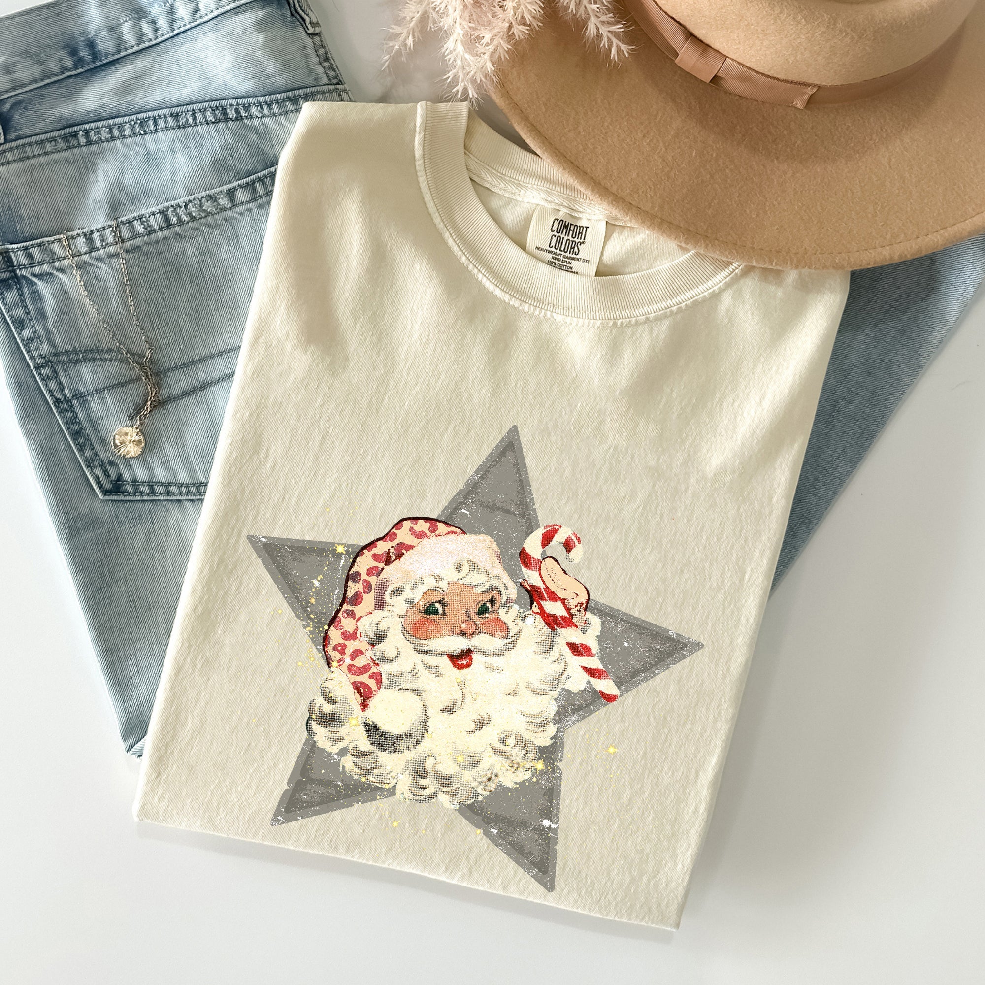 Retro Santa Green Star Christmas Winter Xmas Vintage Holiday Graphic Comfort Colors Tee