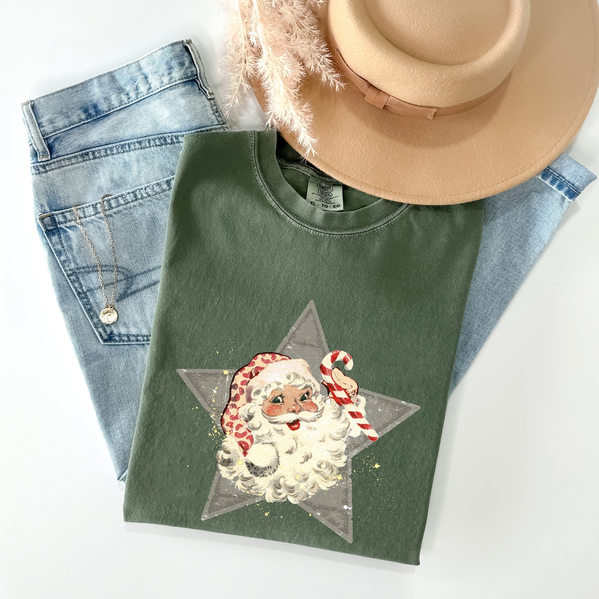 Retro Santa Green Star Christmas Winter Xmas Vintage Holiday Graphic Comfort Colors Tee