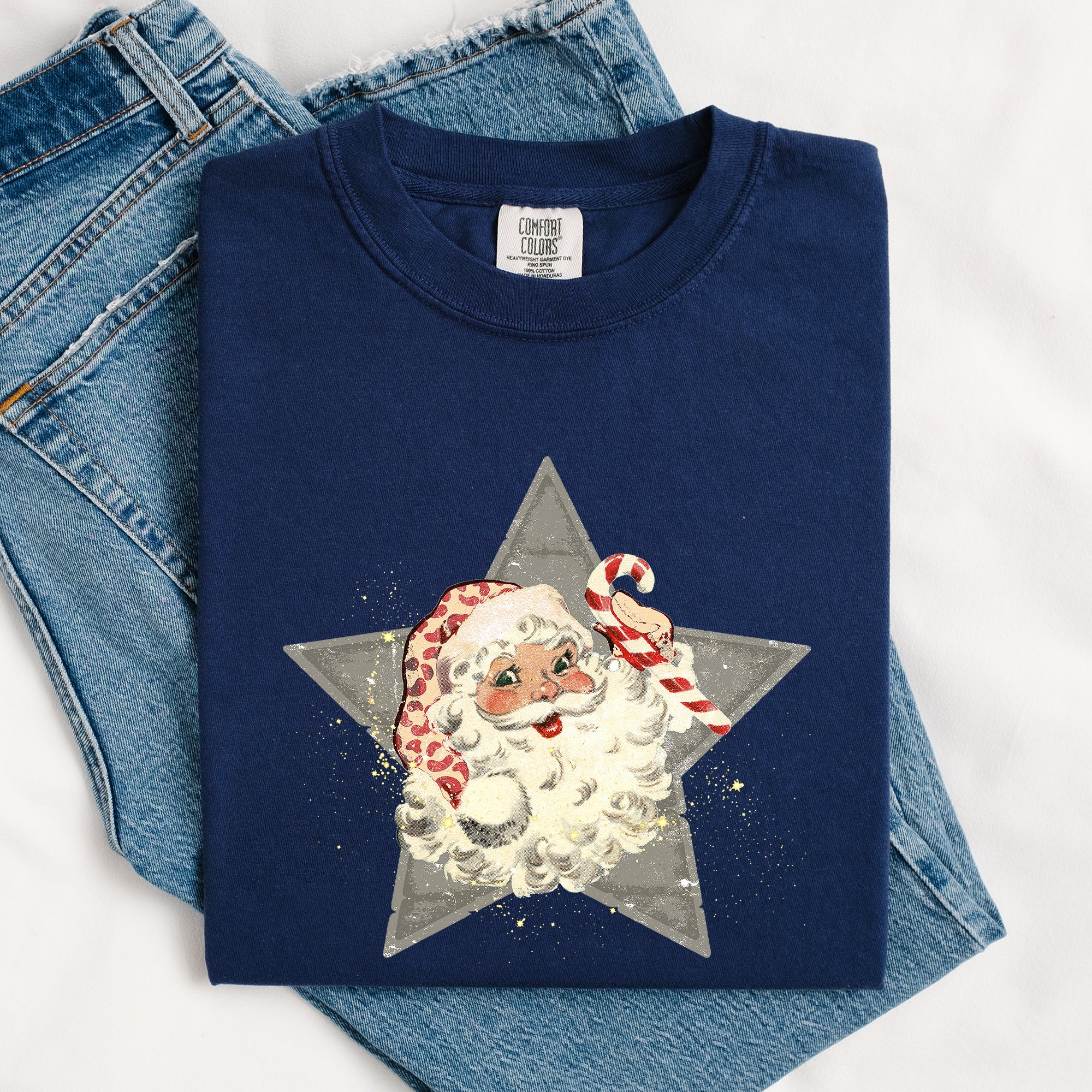 Retro Santa Green Star Christmas Winter Xmas Vintage Holiday Graphic Comfort Colors Tee
