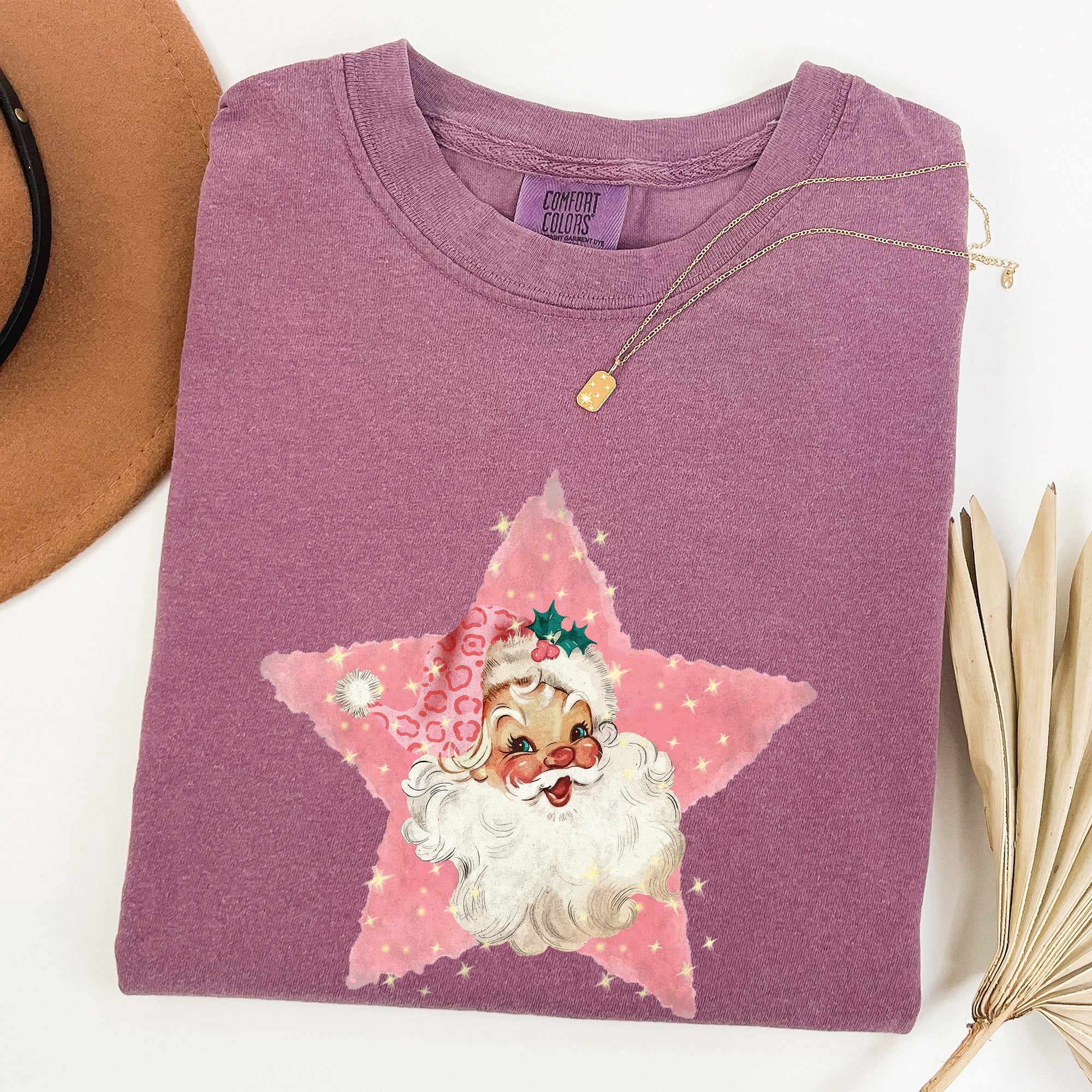 Retro Santa Pink Star Christmas Winter Xmas Vintage Inspired Edition Comfort Colors Tee