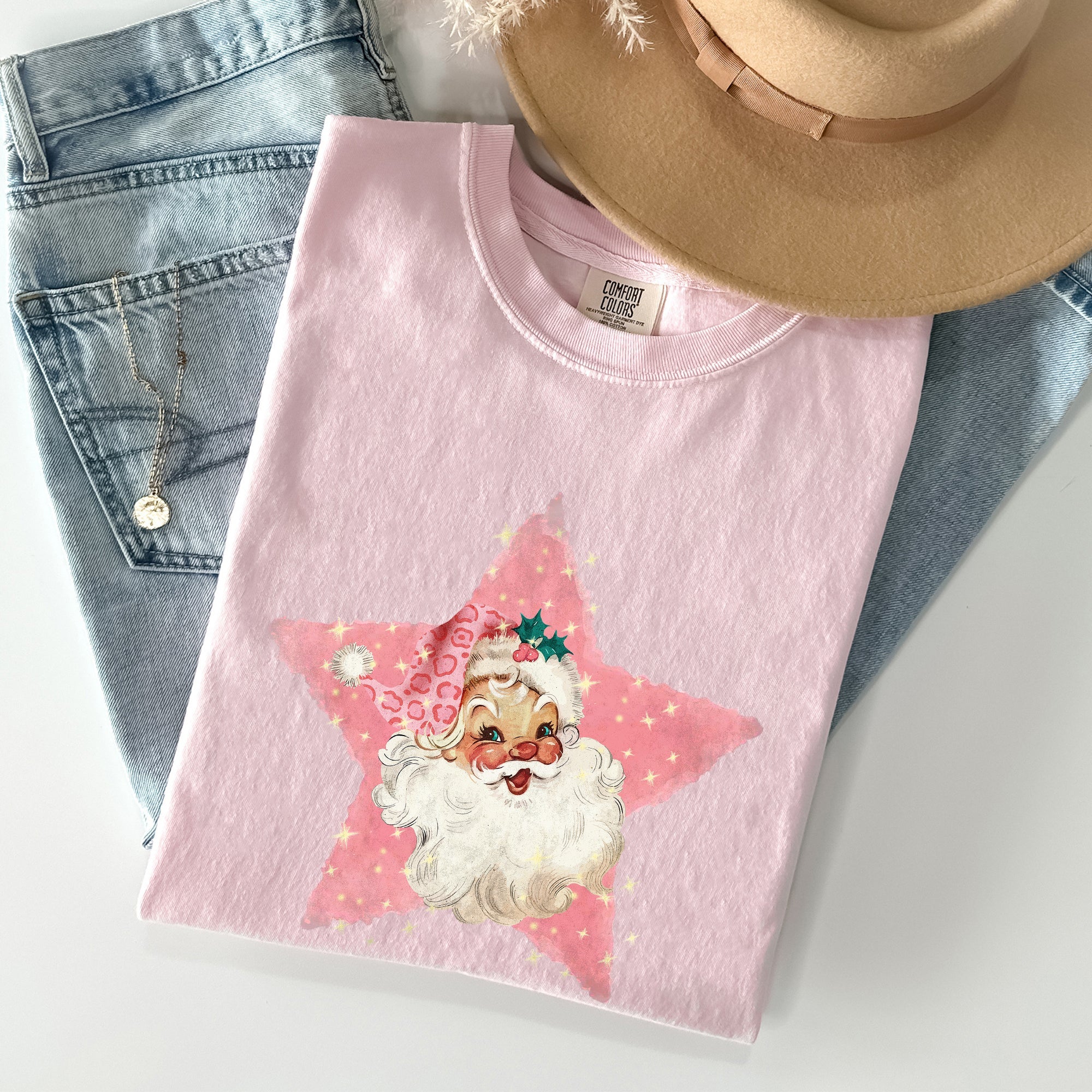 Retro Santa Pink Star Christmas Winter Xmas Vintage Inspired Edition Comfort Colors Tee