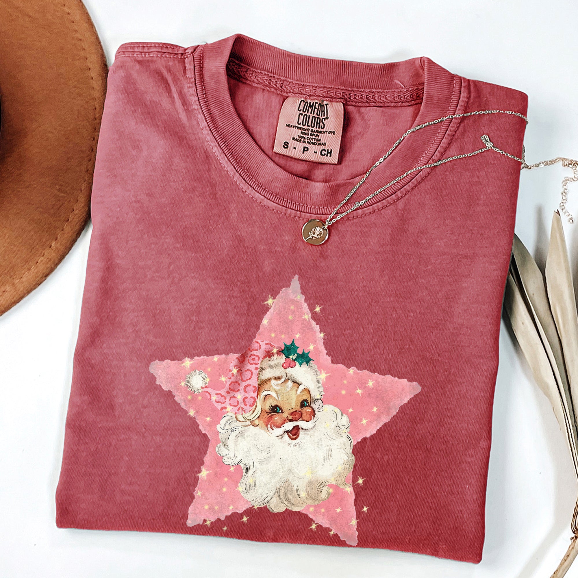 Retro Santa Pink Star Christmas Winter Xmas Vintage Inspired Edition Comfort Colors Tee