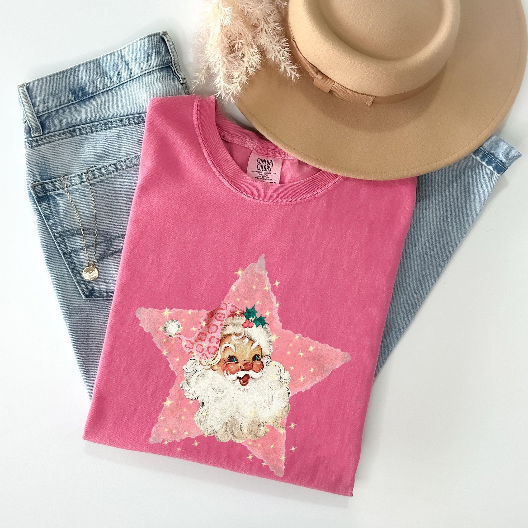 Retro Santa Pink Star Christmas Winter Xmas Vintage Inspired Edition Comfort Colors Tee