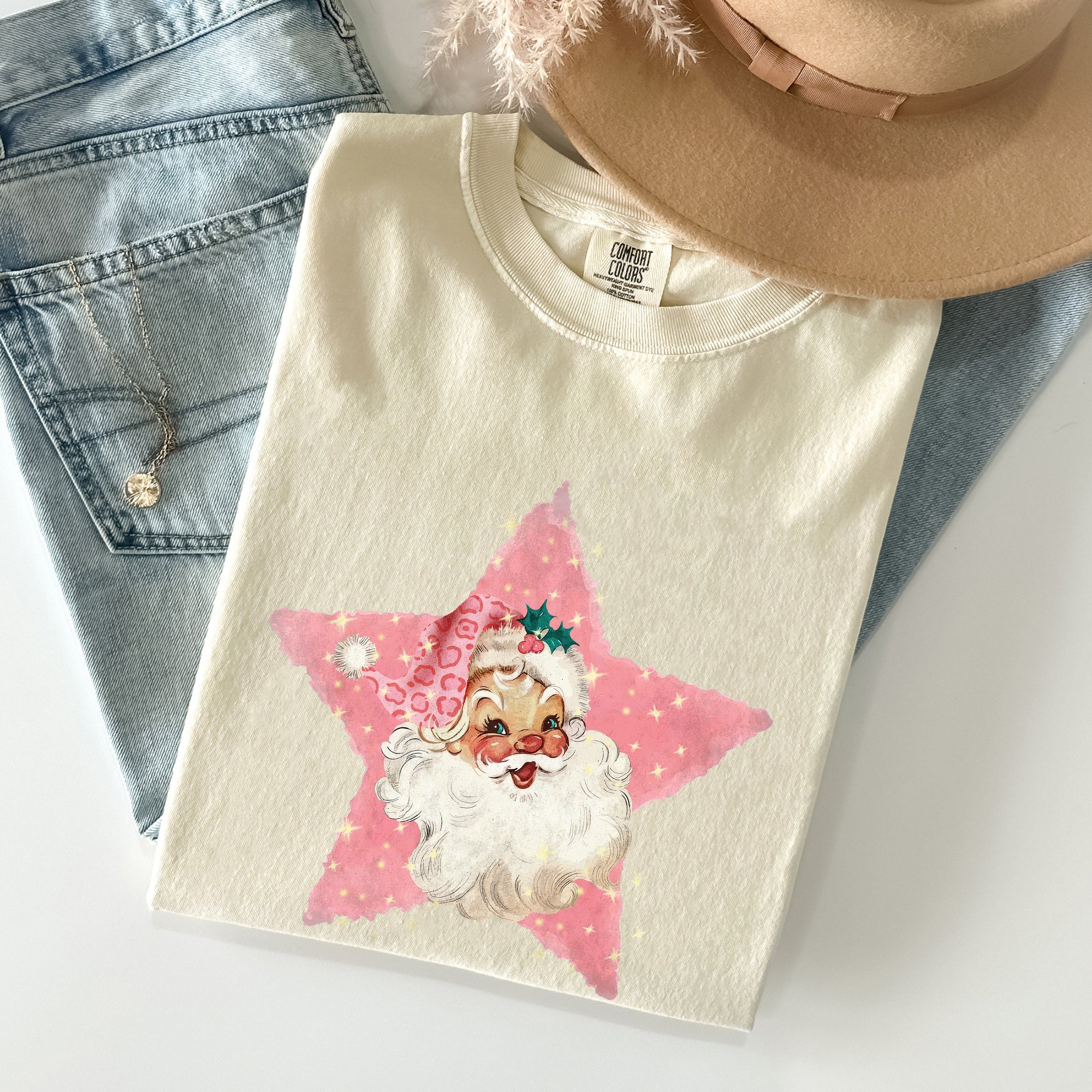 Retro Santa Pink Star Christmas Winter Xmas Vintage Inspired Edition Comfort Colors Tee
