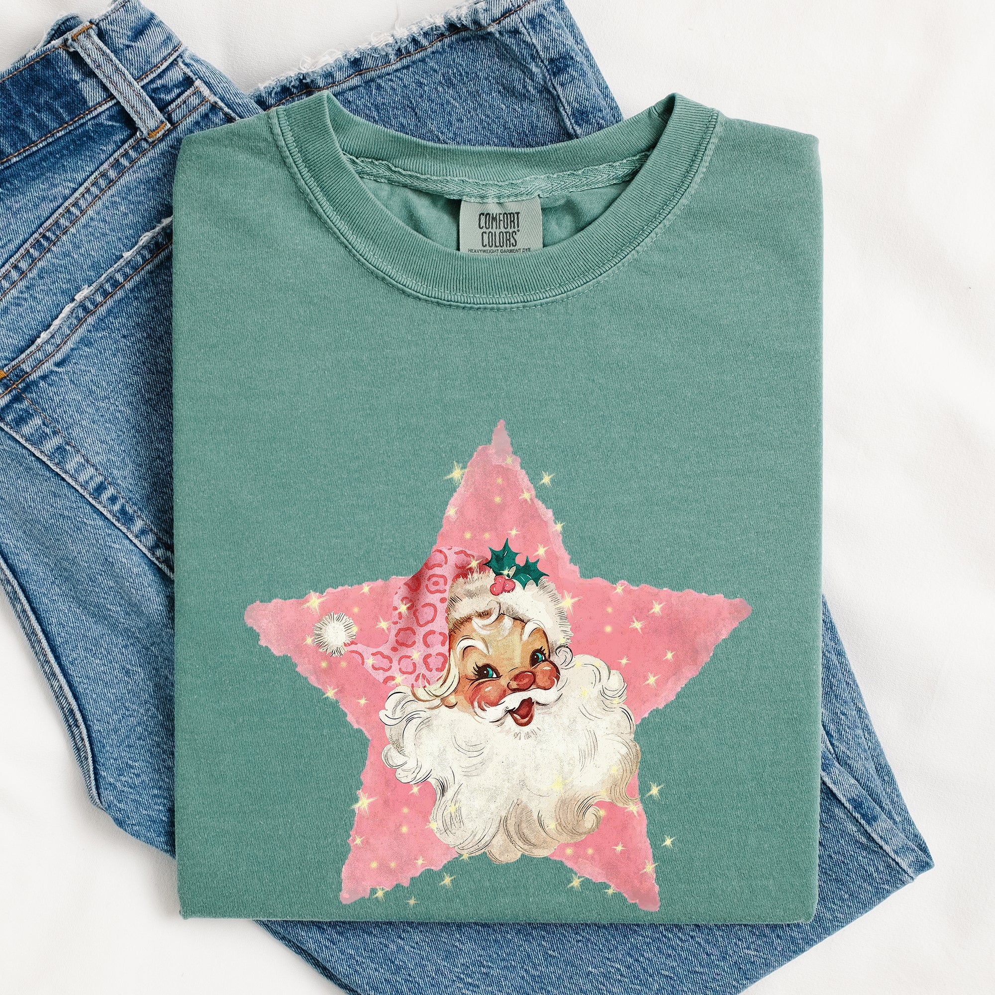 Retro Santa Pink Star Christmas Winter Xmas Vintage Inspired Edition Comfort Colors Tee