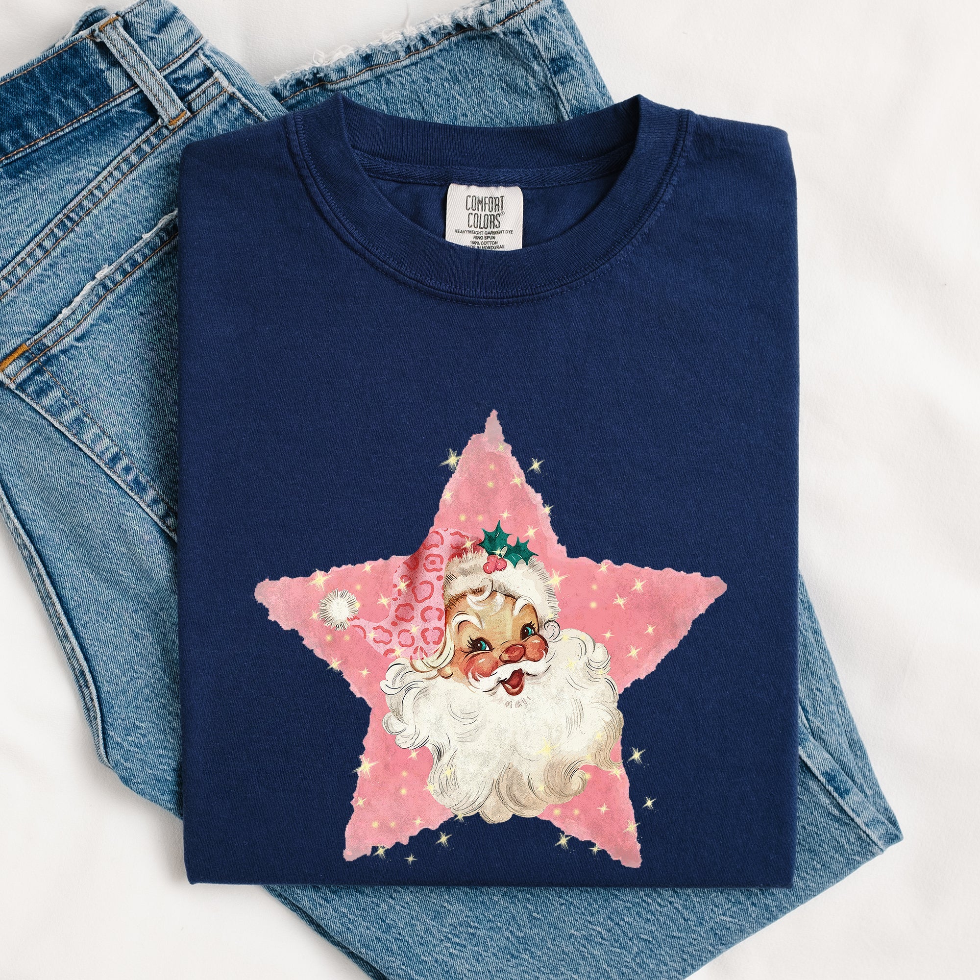 Retro Santa Pink Star Christmas Winter Xmas Vintage Inspired Edition Comfort Colors Tee
