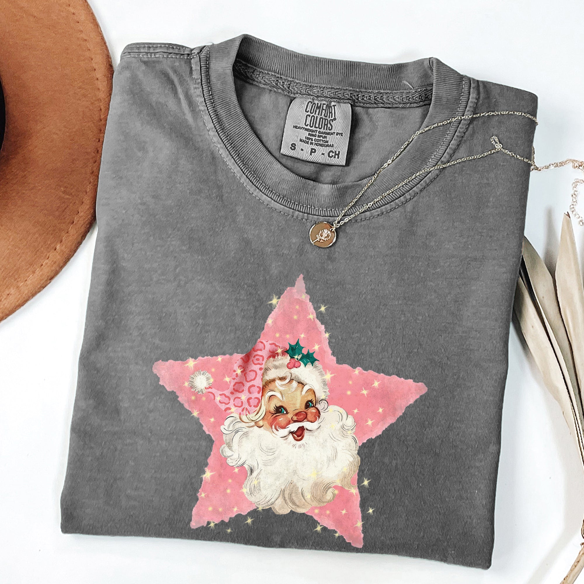 Retro Santa Pink Star Christmas Winter Xmas Vintage Inspired Edition Comfort Colors Tee