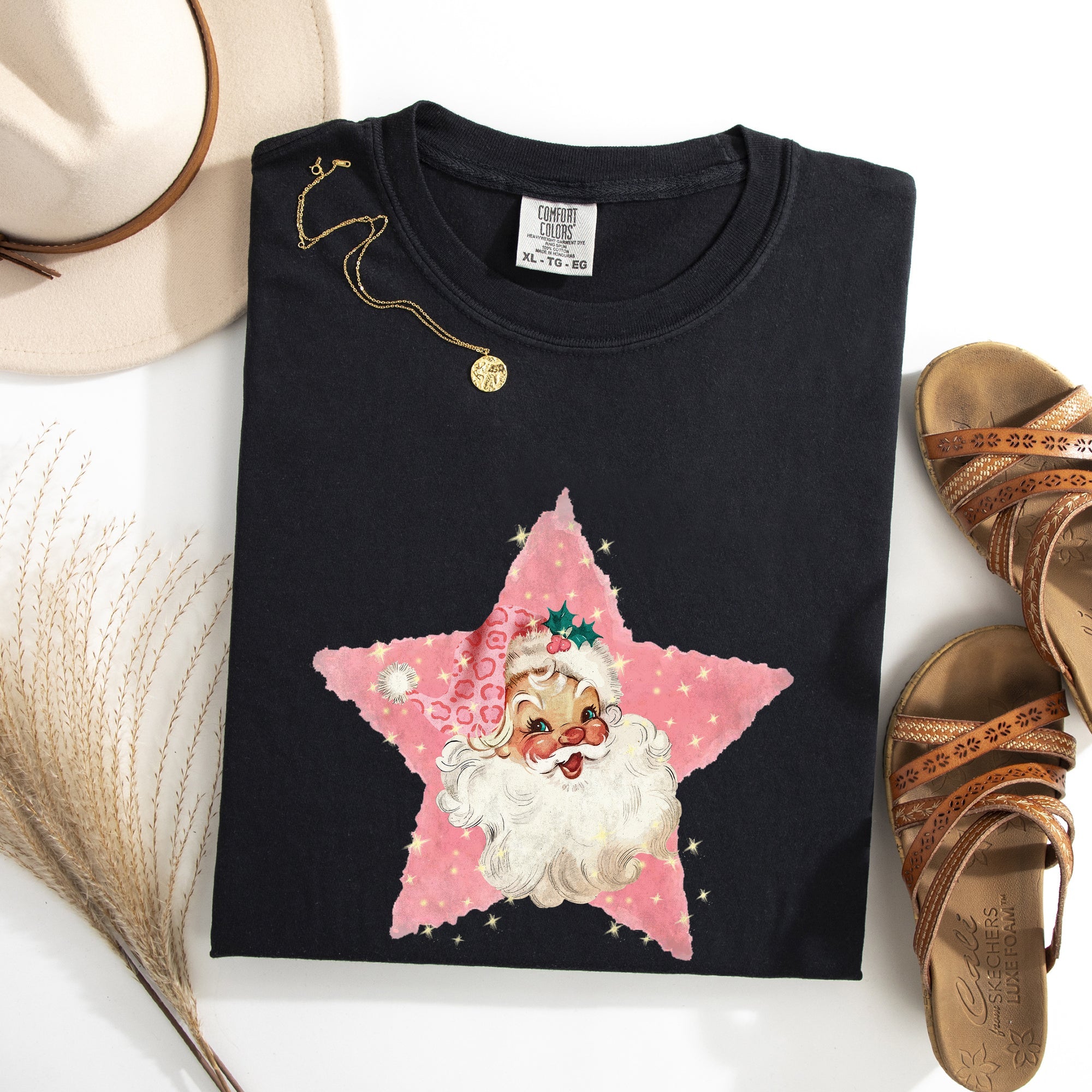 Retro Santa Pink Star Christmas Winter Xmas Vintage Inspired Edition Comfort Colors Tee